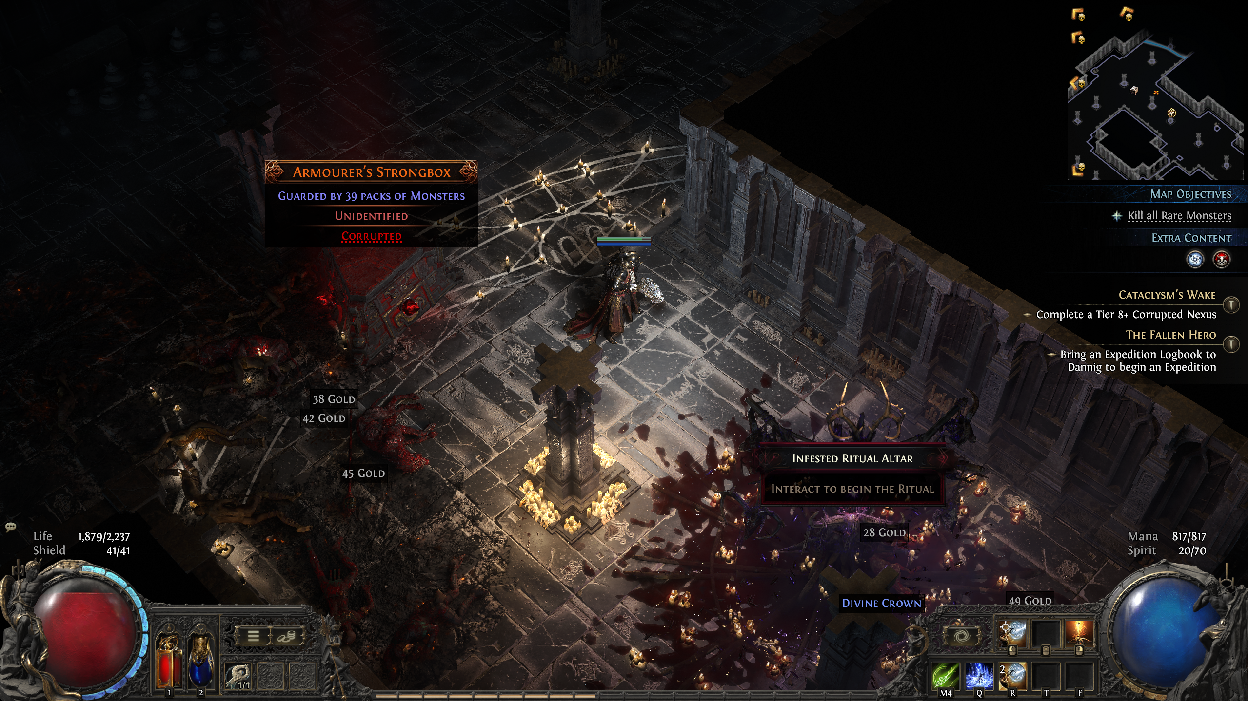 A Path of Exile 2 character prepares to initiate a ritual altar encounter.