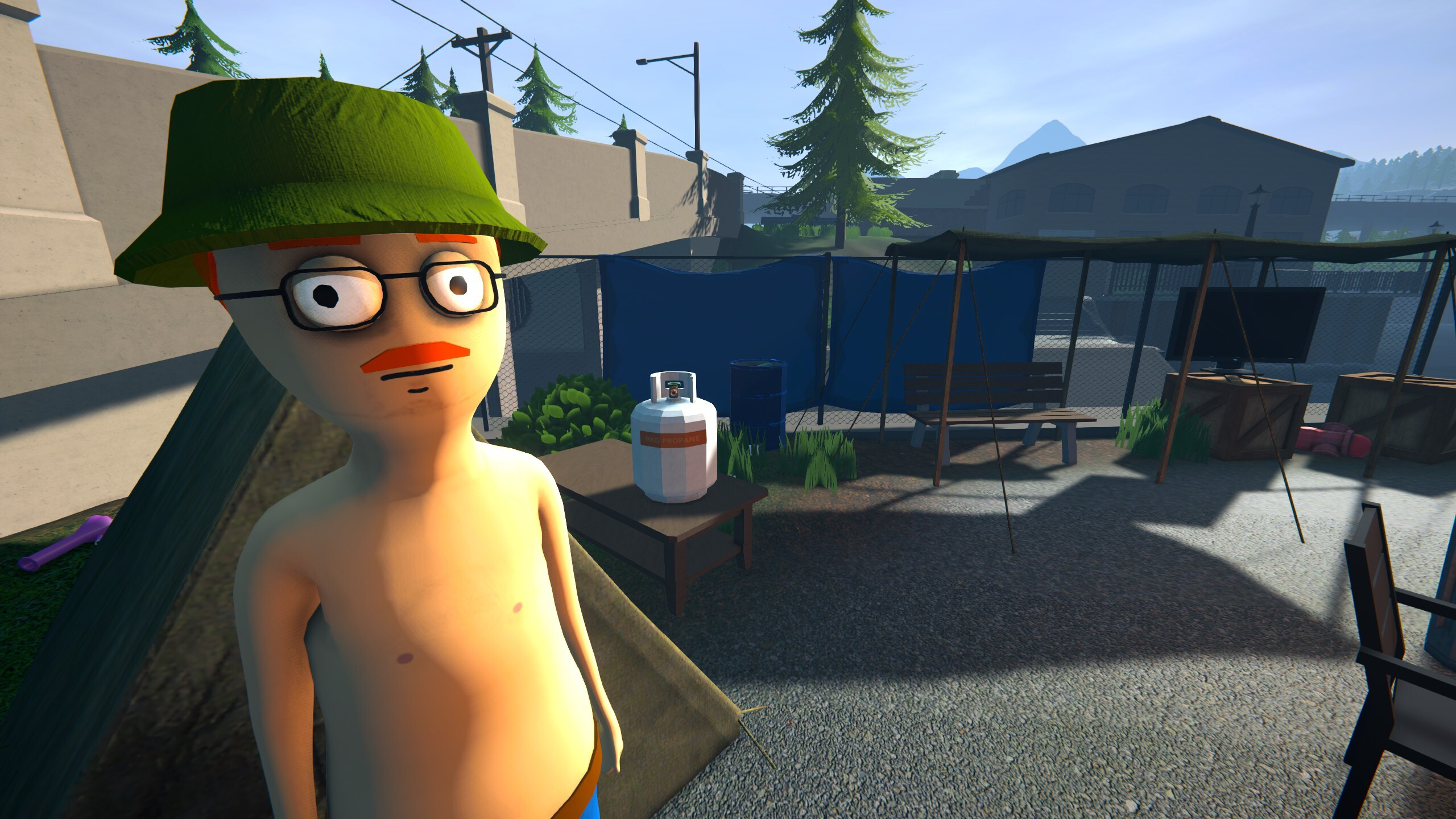 Schedule 1 drop items - A shirtless man in a green bucket hat standing at a camp next to a bridge.