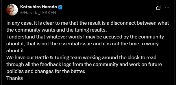 A tweet from Katsuhiro Harada addressing the Tekken 8 Season 2 backlash.