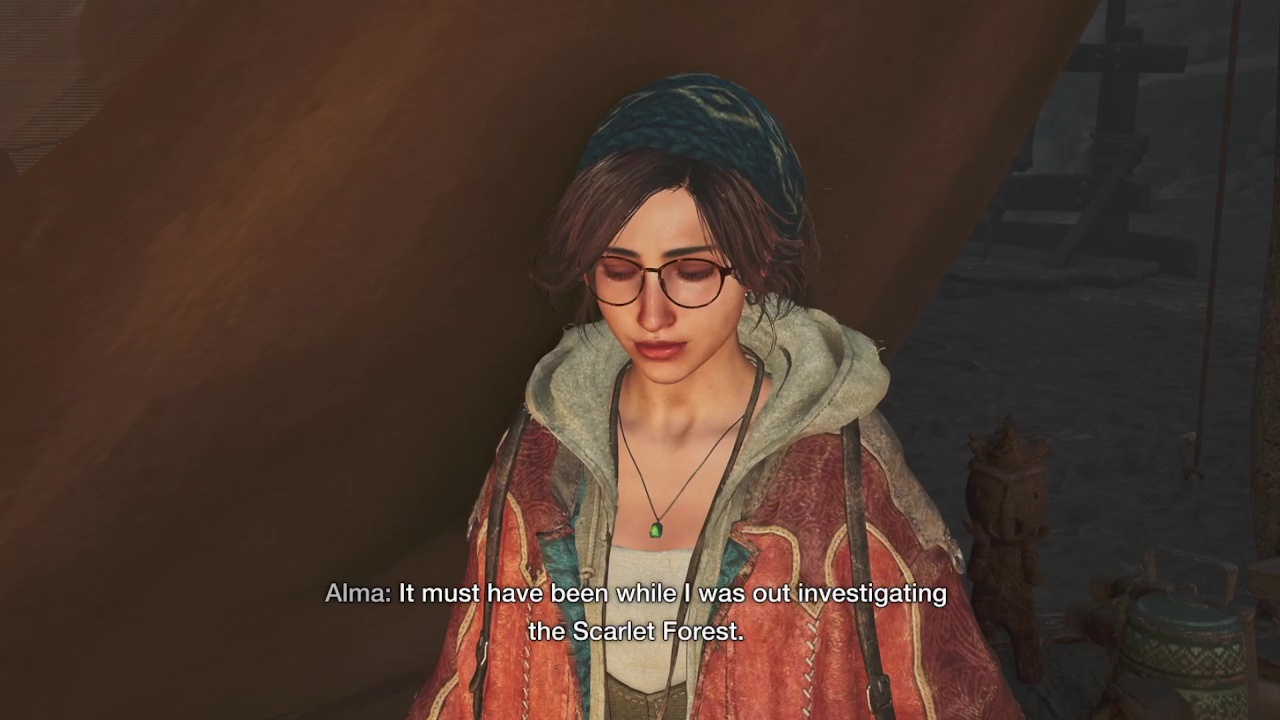 An image showing Alma thinking about where she lost her glasses in Monster Hunter Wilds. An image showing Alma thinking about where she lost her glasses in Monster Hunter Wilds.
