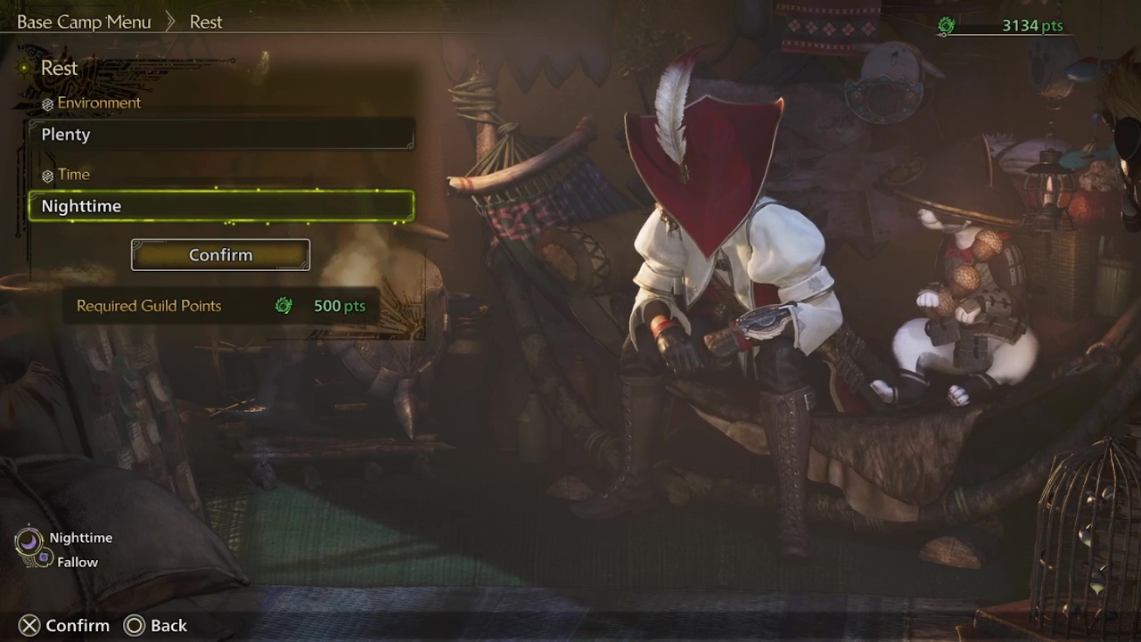 An image of the rest menu options in Monster Hunter Wilds. An image of the rest menu options in Monster Hunter Wilds.