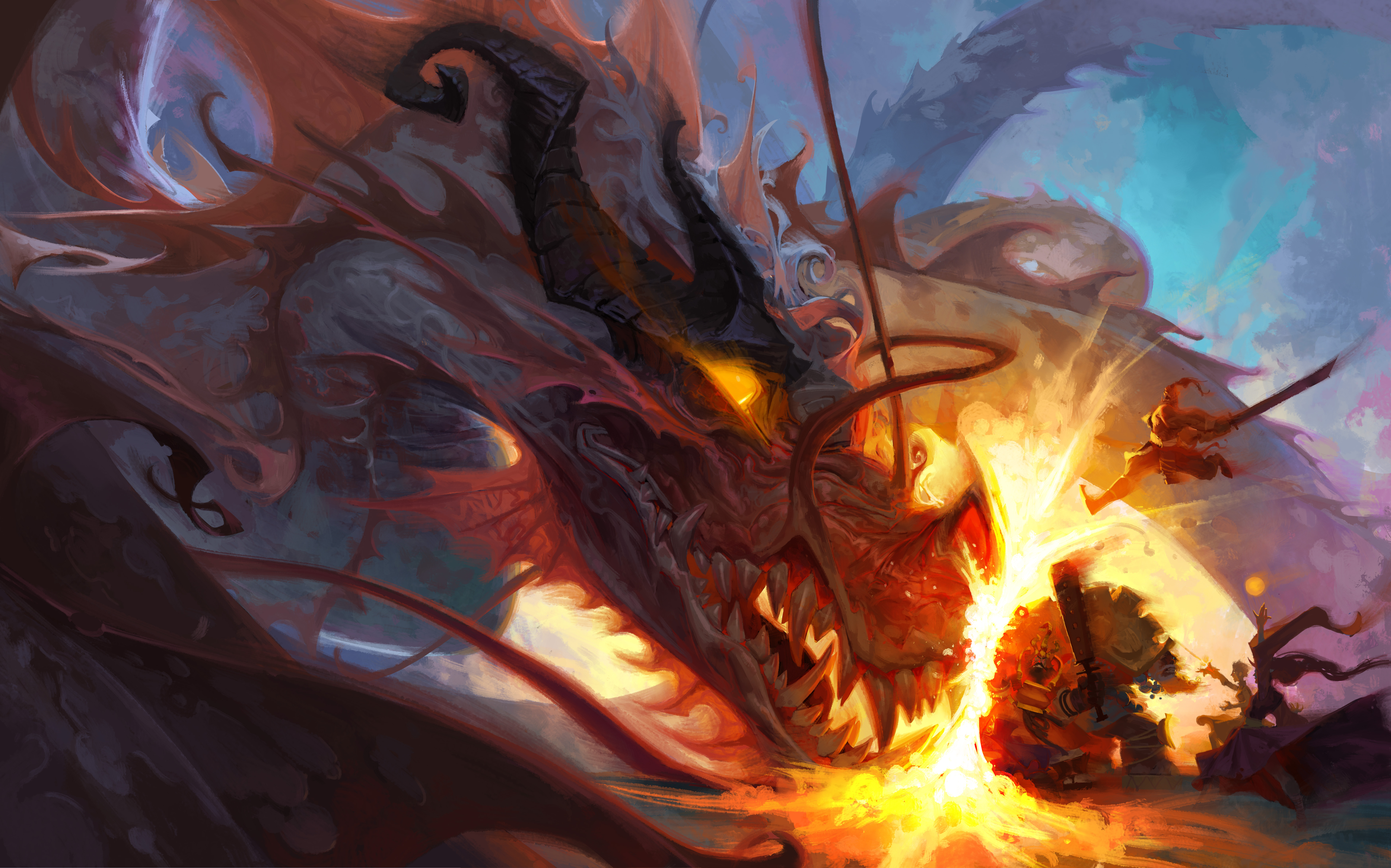 A warrior sustains a blast from a massive dragon while their ally leaps over the flames to strike.
