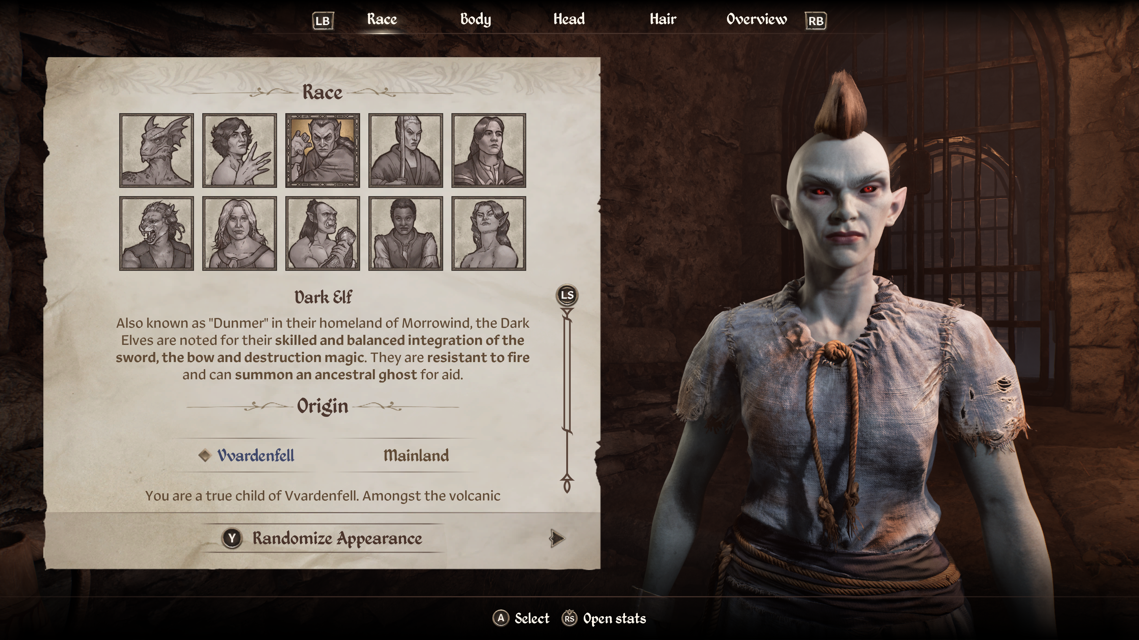 A menu shows the race and origin selection menu in Oblivion remastered A menu shows the race and origin selection menu in Oblivion remastered