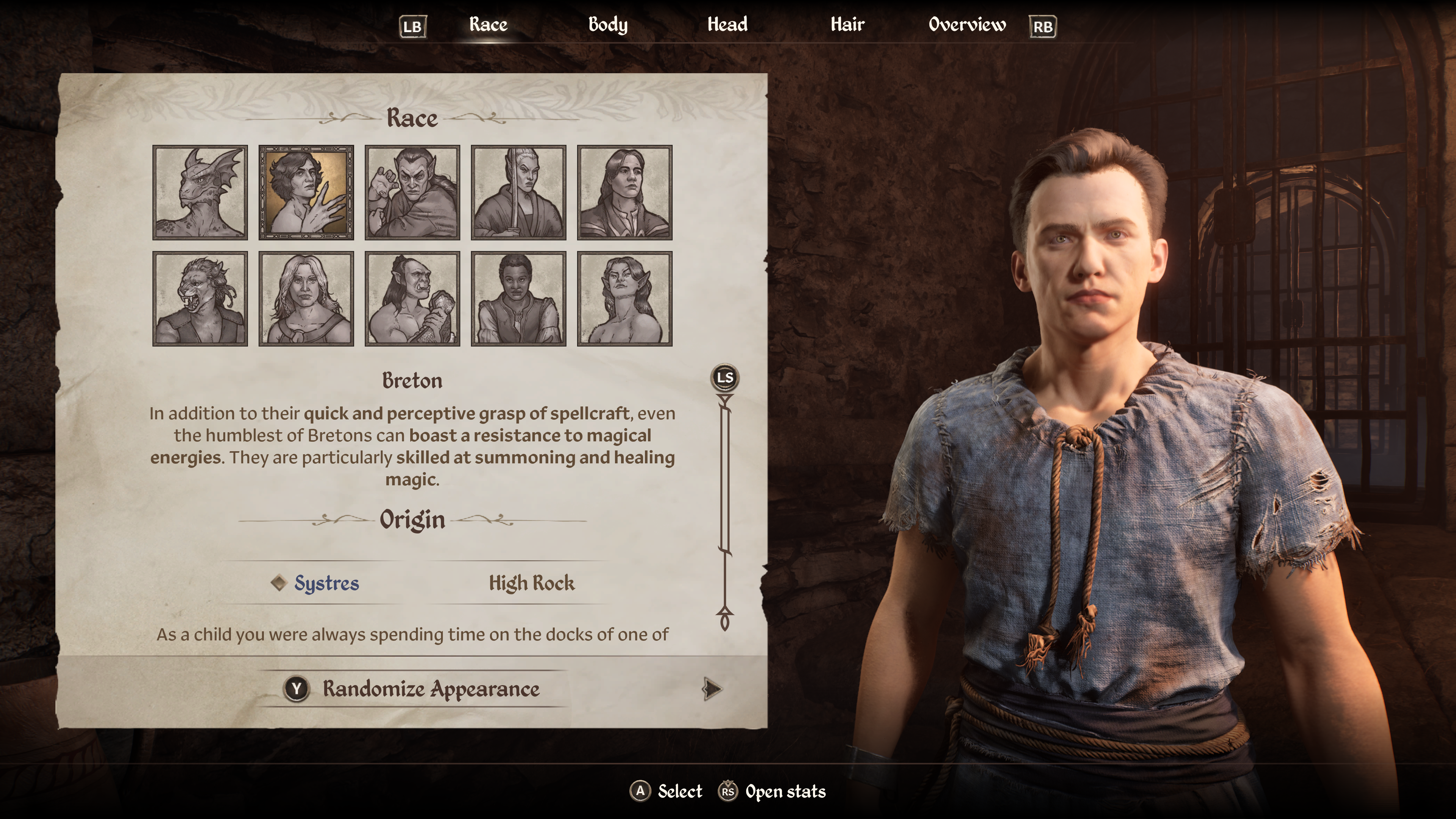 A menu shows the race and origin menu in Oblivion Remastered A menu shows the race and origin menu in Oblivion Remastered