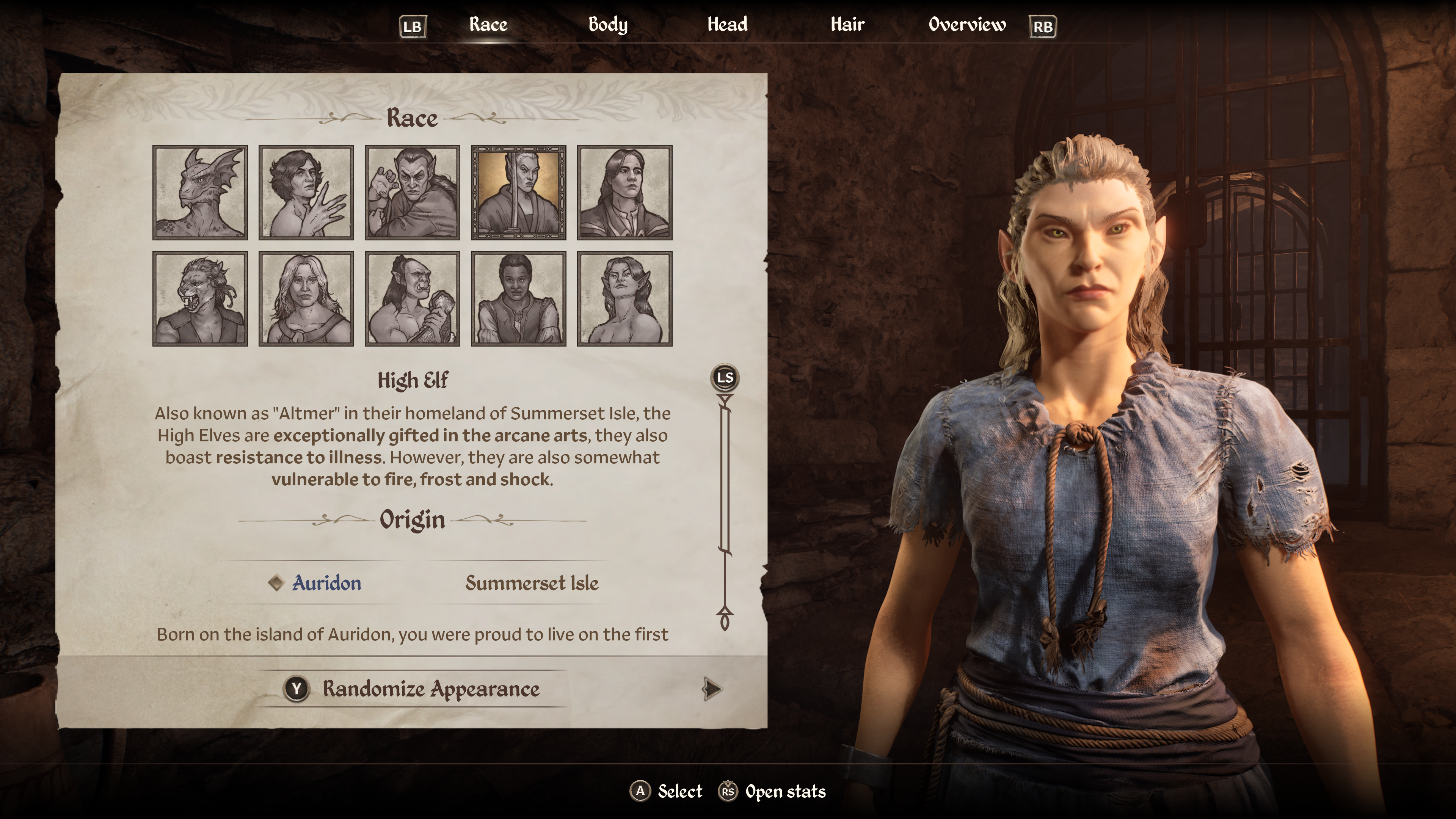 A menu shows the race and origin menu in Oblivion Remastered A menu shows the race and origin menu in Oblivion Remastered