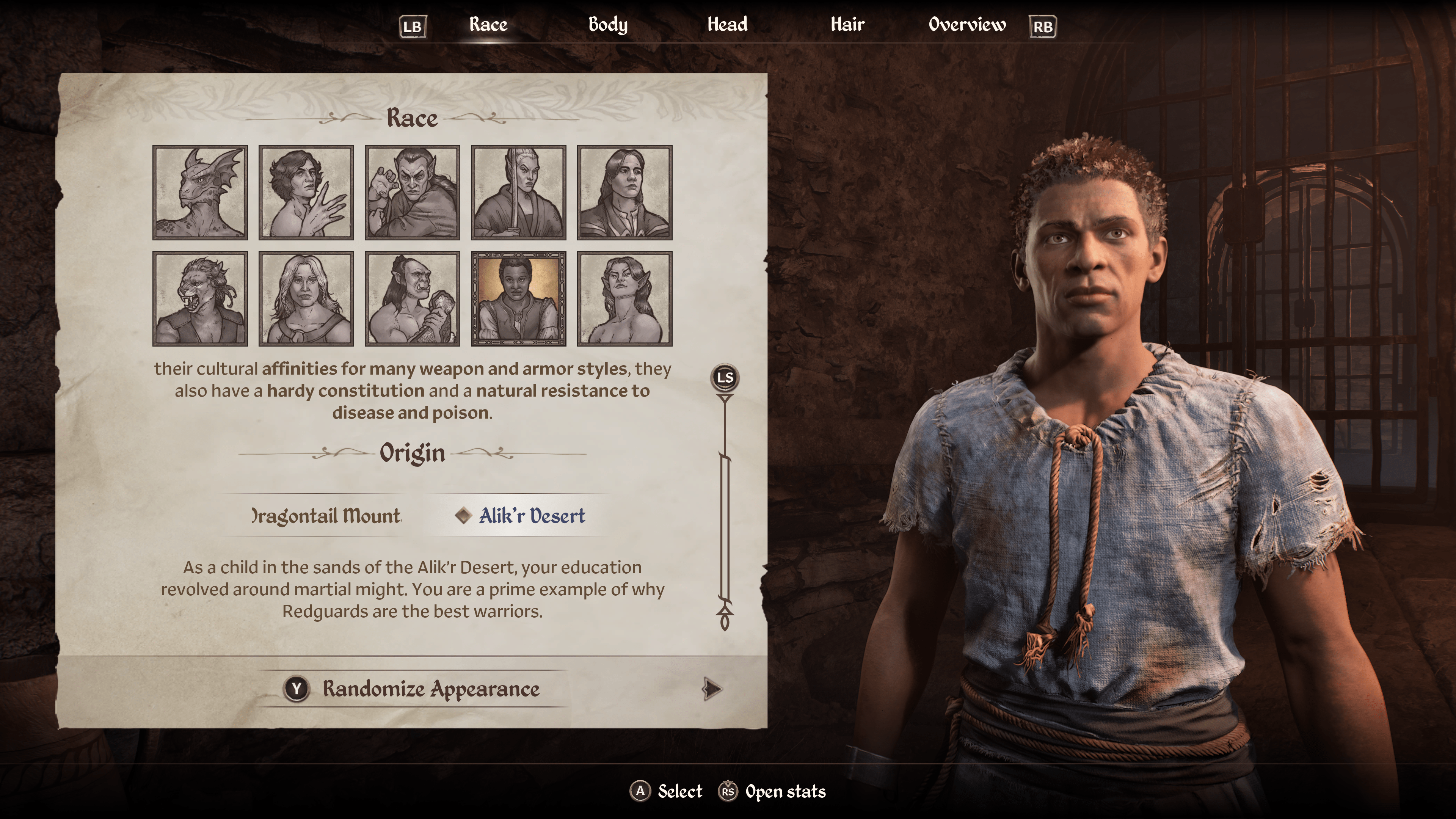 A menu shows the Oblivion Remastered race menu A menu shows the Oblivion Remastered race menu