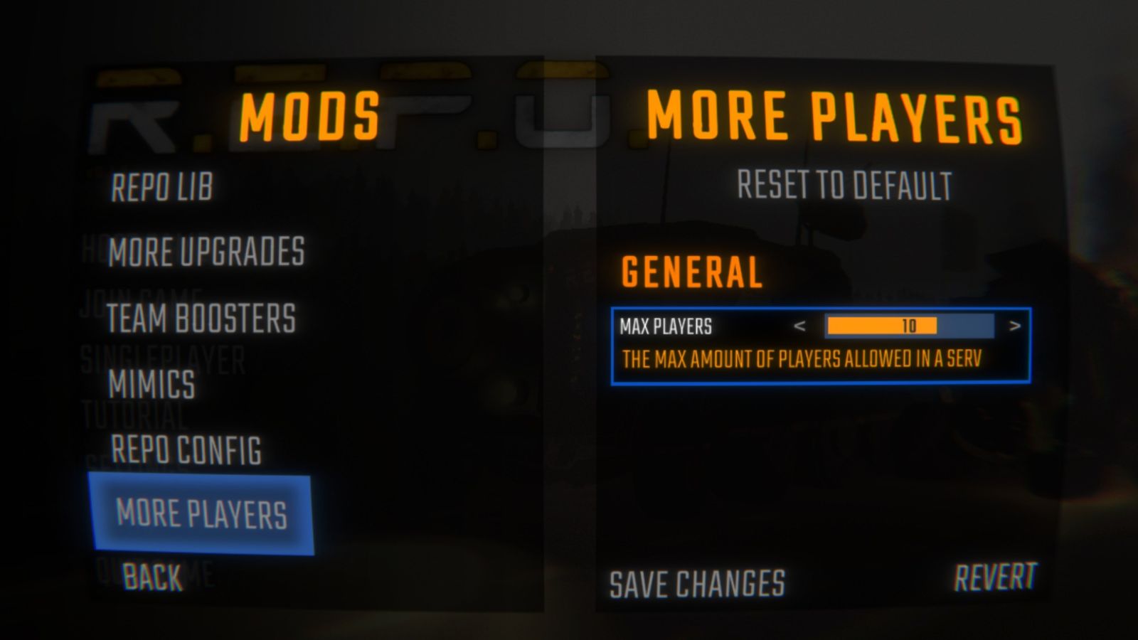 The menu screen (booted from the Menu Config mod) displaying options for More Players. The 
