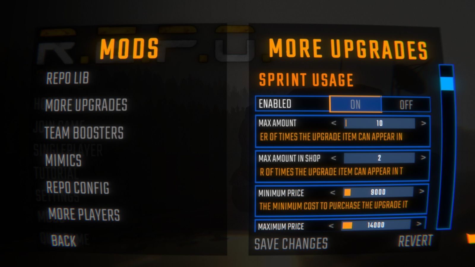 The More Upgrades REPO mod, displaying some of the config players can add for sharing upgrades across all players. This screenshot shows Sprint Usage, specifically.