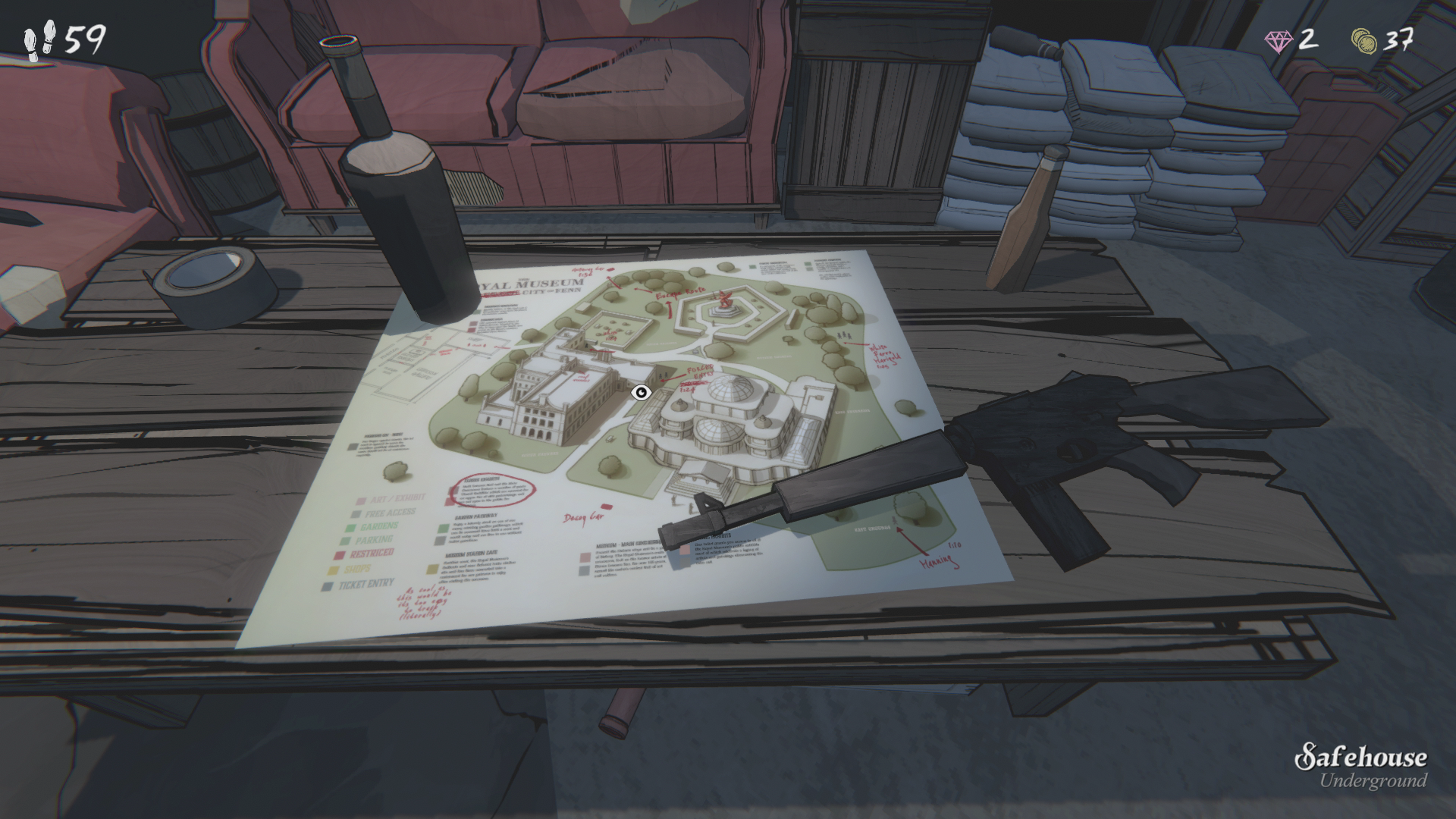 Blue Prince Safehouse clues with a map and a gun Blue Prince Safehouse clues with a map and a gun