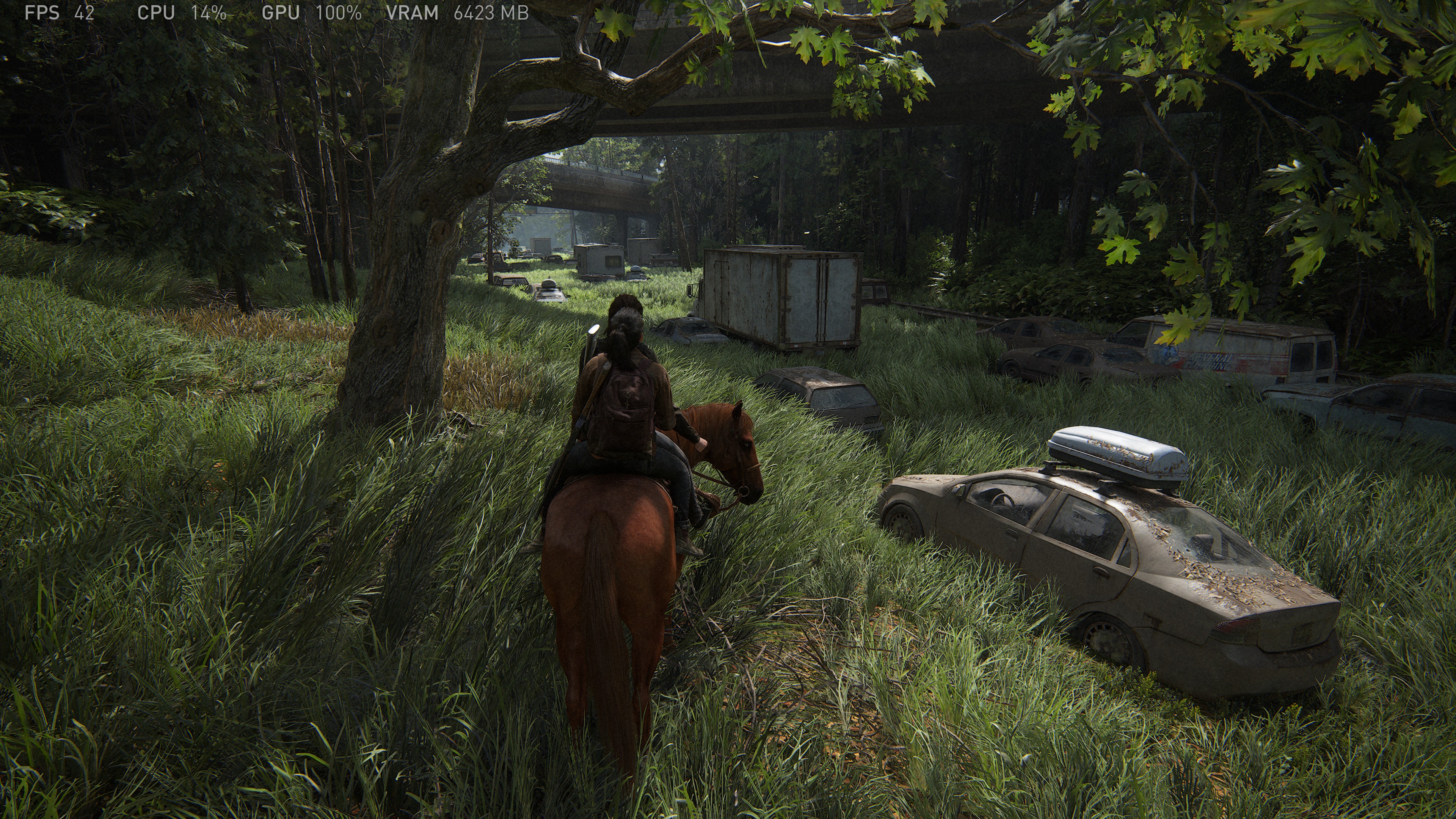A screenshot of the PC version of The Last of Us Part 2 Remastered, taken at 4K Very High, showing the built-in performance HUD at the top of the frame