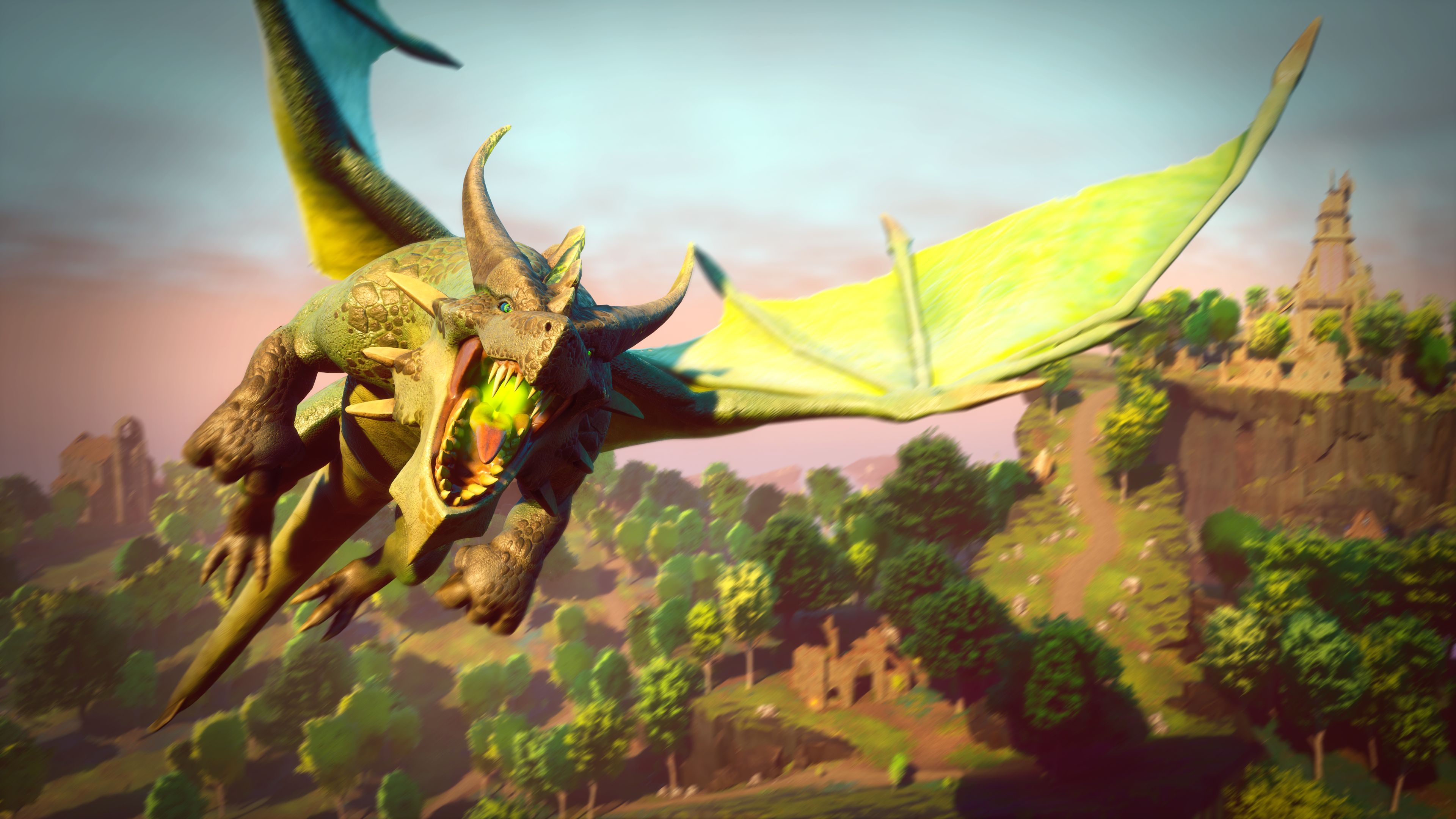 RuneScape: Dragonwilds - the green dragon Imaru flies over a forest and prepares to breathe poison.