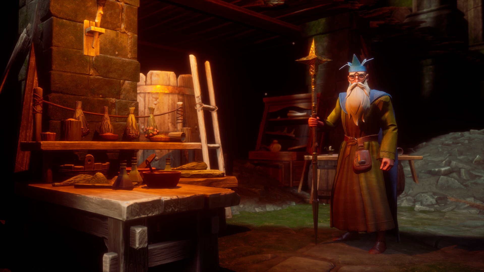 RuneScape: Dragonwilds - A wizard with a staff stands by a crafting table