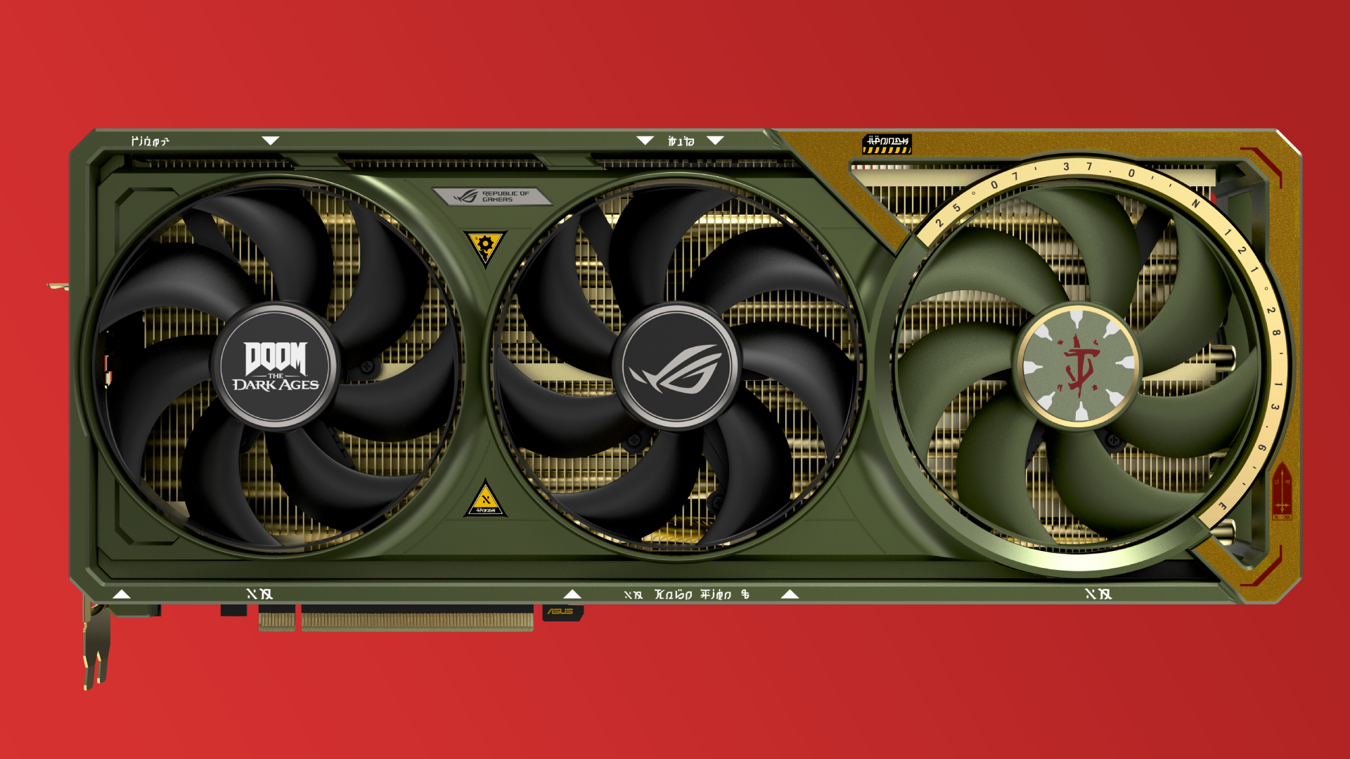 The Asus ROG Astral GeForce RTX 5080 OC DOOM Edition on a red gradient background