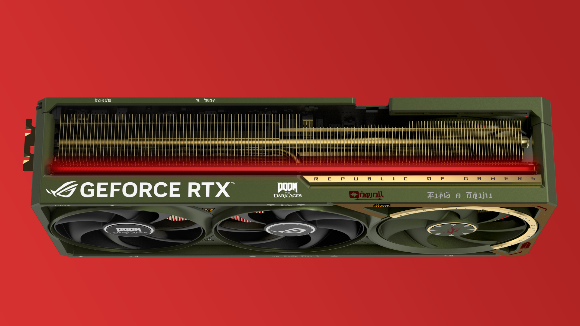 The Asus ROG Astral GeForce RTX 5080 OC DOOM Edition on a red gradient background
