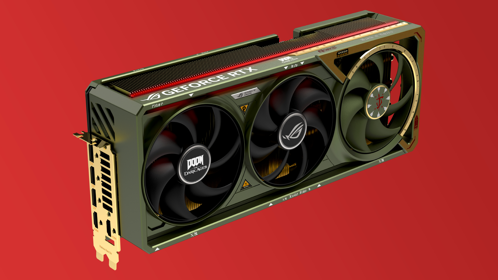 The Asus ROG Astral GeForce RTX 5080 OC Doom Edition graphics card on a red gradient background