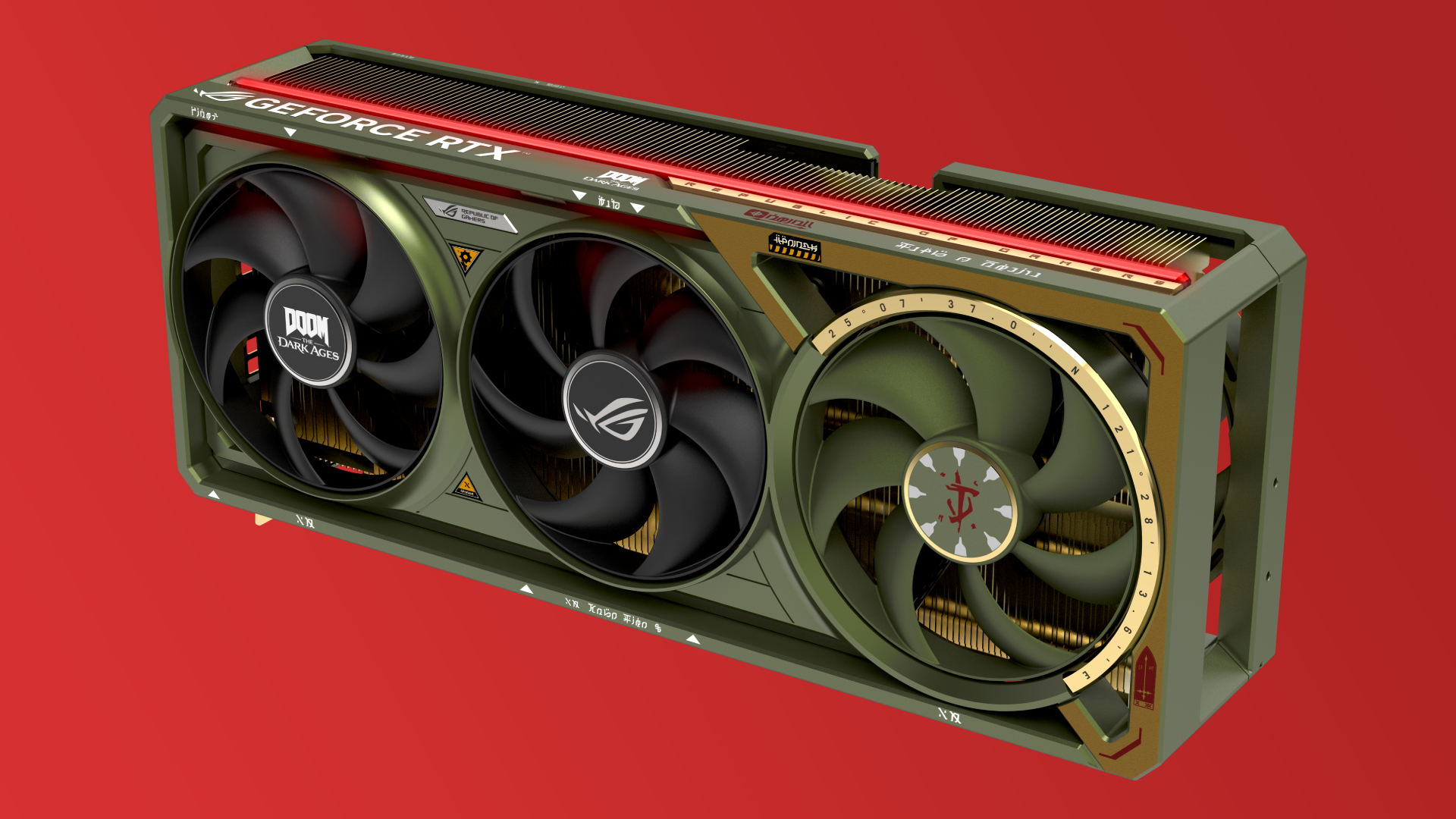 The Asus ROG Astral GeForce RTX 5080 OC DOOM Edition on a red gradient background
