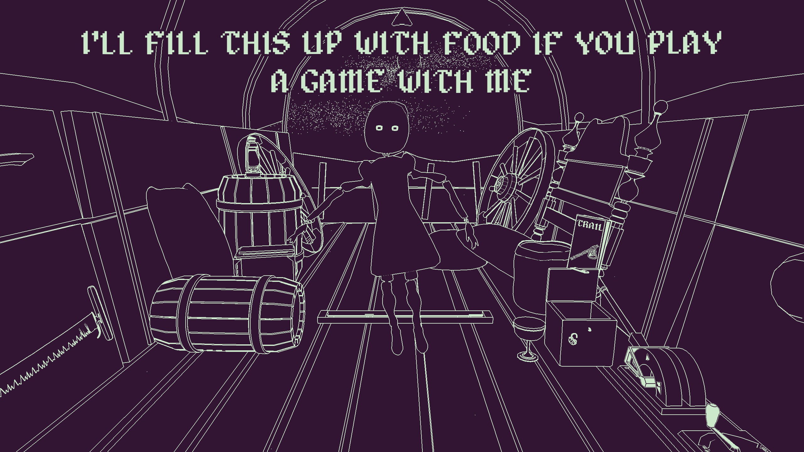 A spooky kid saying it'll fill a chest with food if you play a game with them