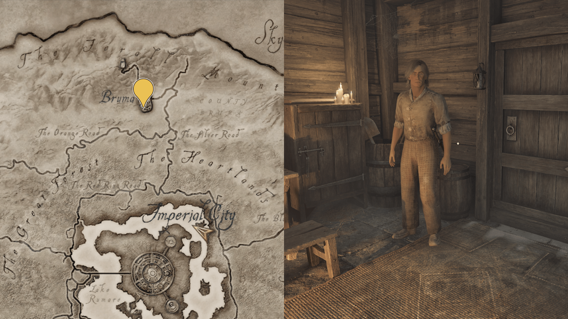 A graphic showing two side by side images. The image on the left shows a map with a marker on the southern tip of Bruma. The left image shows Ongar in his house. A graphic showing two side by side images. The image on the left shows a map with a marker on the southern tip of Bruma. The left image shows Ongar in his house.
