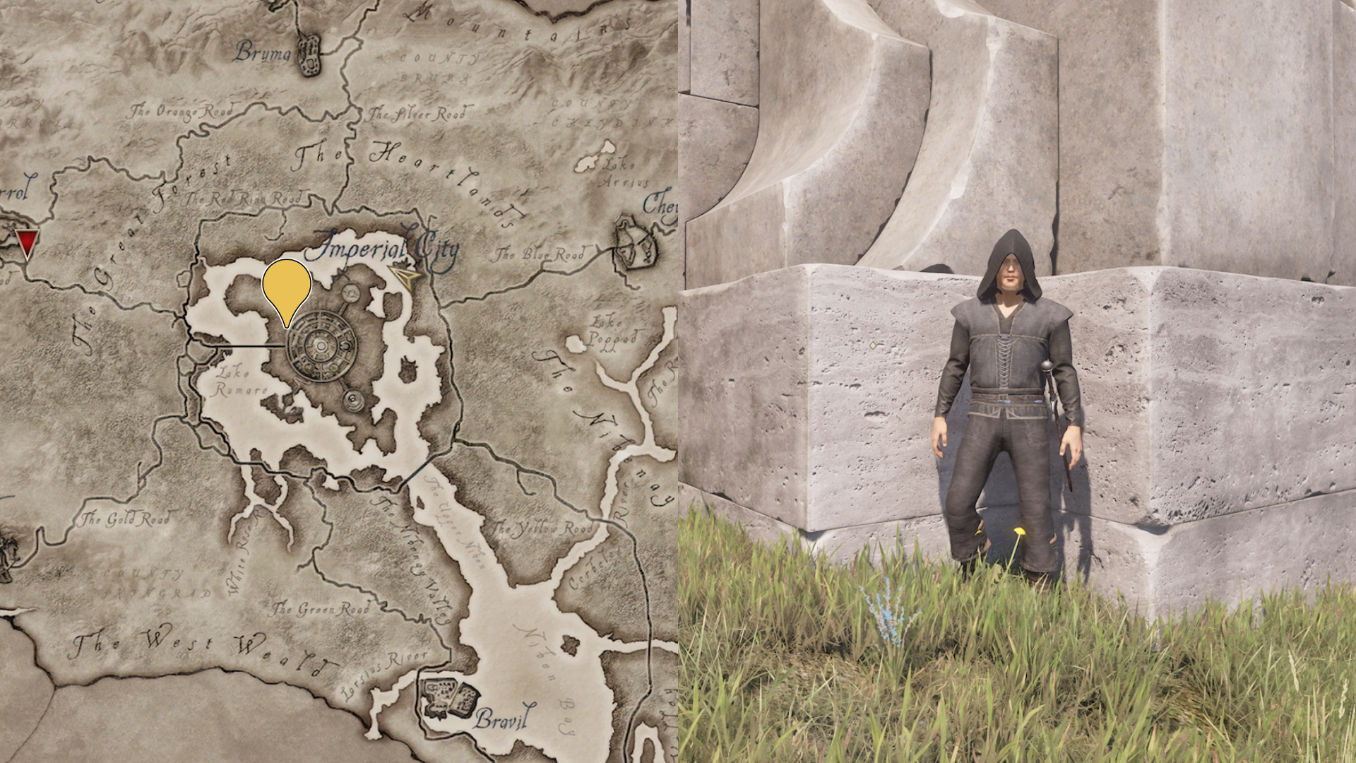 A graphic showing two side by side images. The image on the left shows a map with a marker pinned to the northwestern corner of Imperial City. The left image shows Shady Sam standing outside the castle wall. A graphic showing two side by side images. The image on the left shows a map with a marker pinned to the northwestern corner of Imperial City. The left image shows Shady Sam standing outside the castle wall.