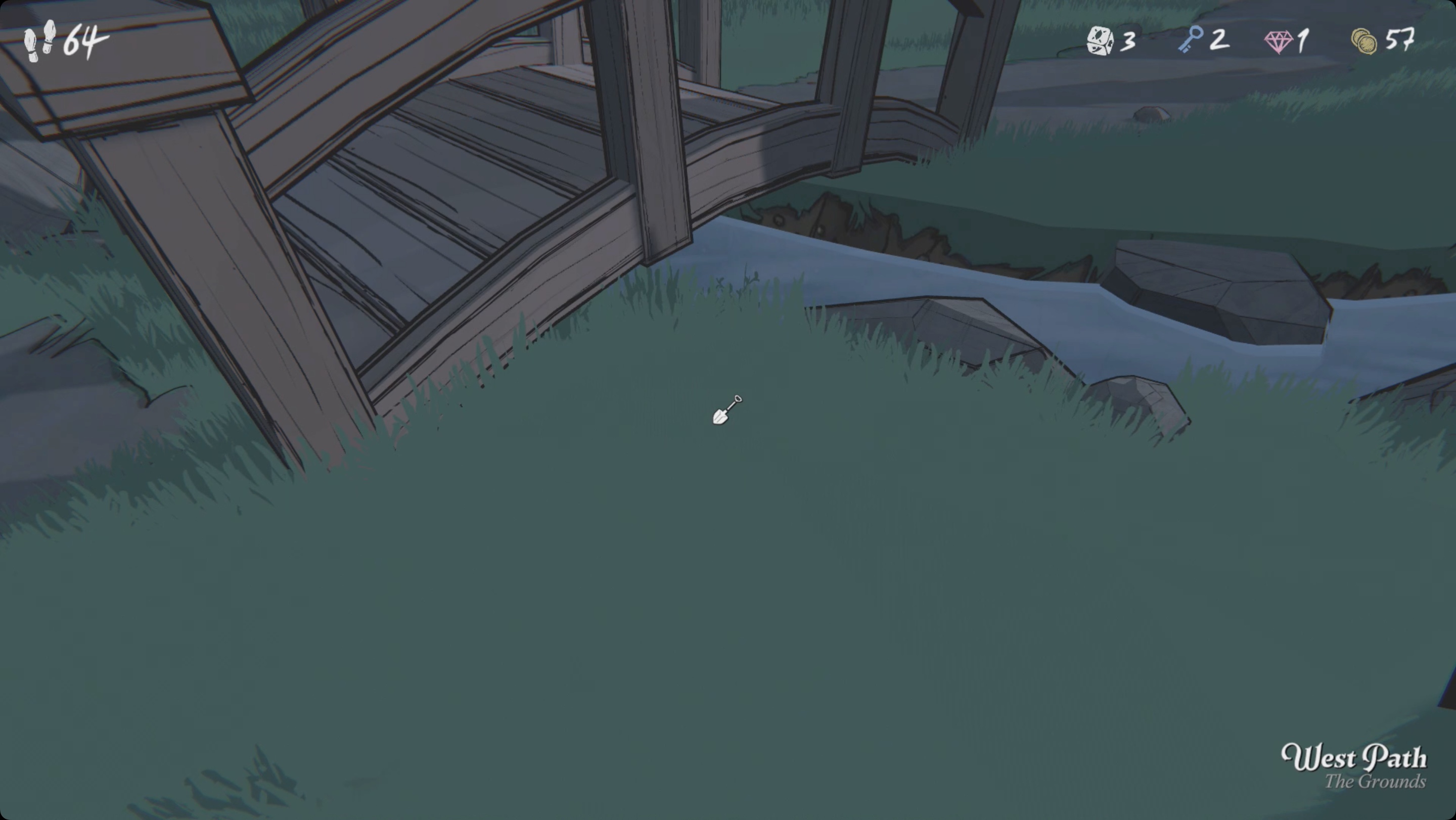 Blue Prince digging beside the bridge along the West Path Blue Prince digging beside the bridge along the West Path