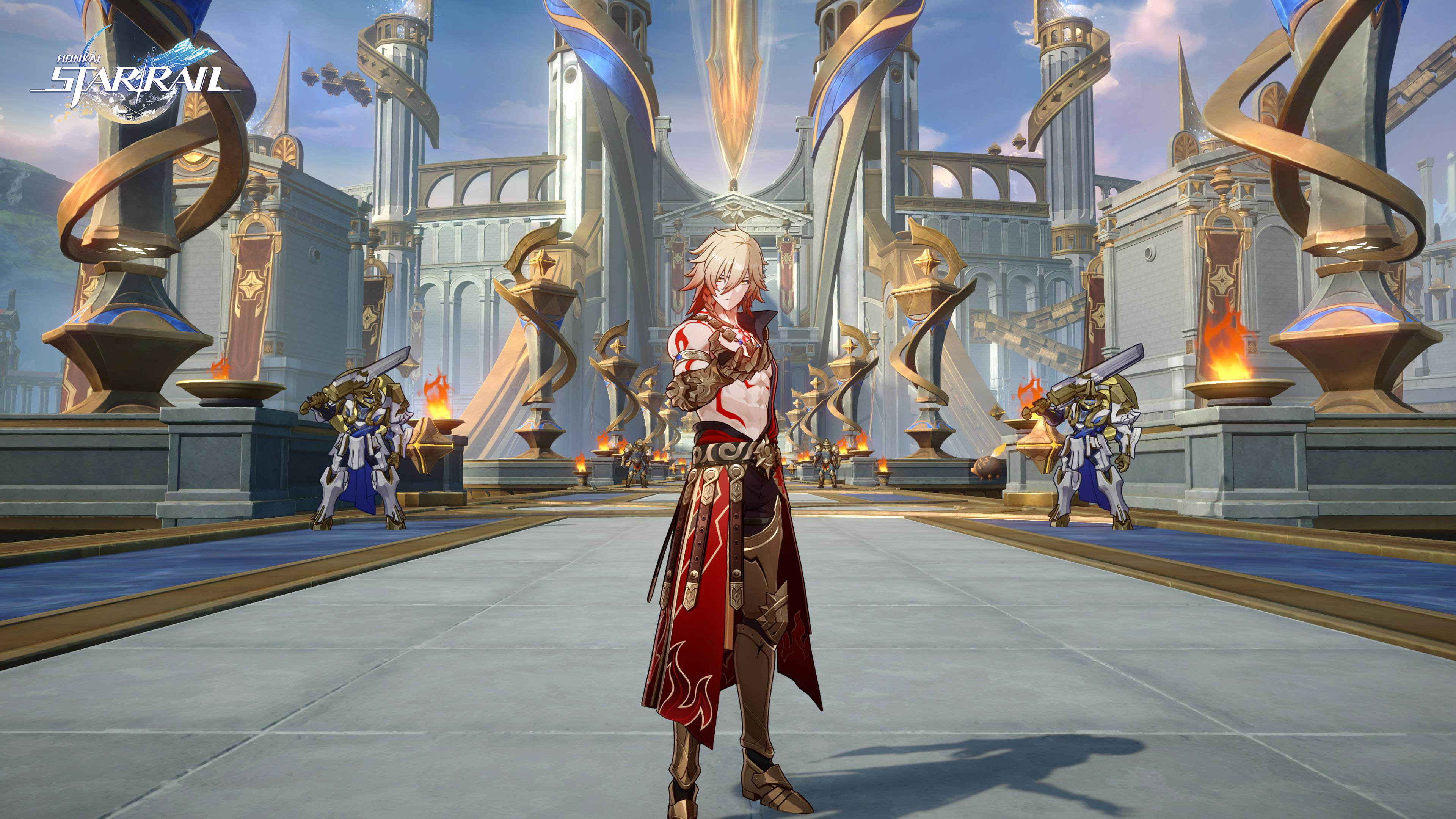 A character from Honkai Star Rail stands in front of a huge castle. They are shirtless and have a huge red scar on their chest and metal armor encasing their right arm and hand, as well as their legs
