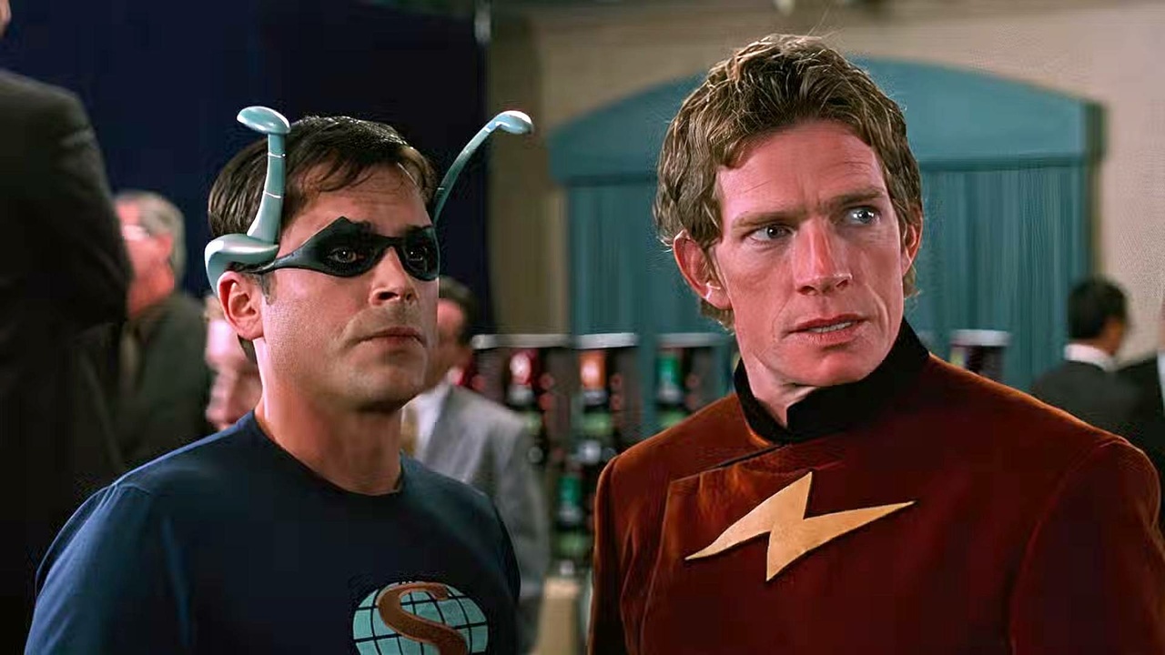 Rob Lowe (with silly bug ears) and Thomas Haden Church wear silly superhero outfits in The Specials Rob Lowe (with silly bug ears) and Thomas Haden Church wear silly superhero outfits in The Specials
