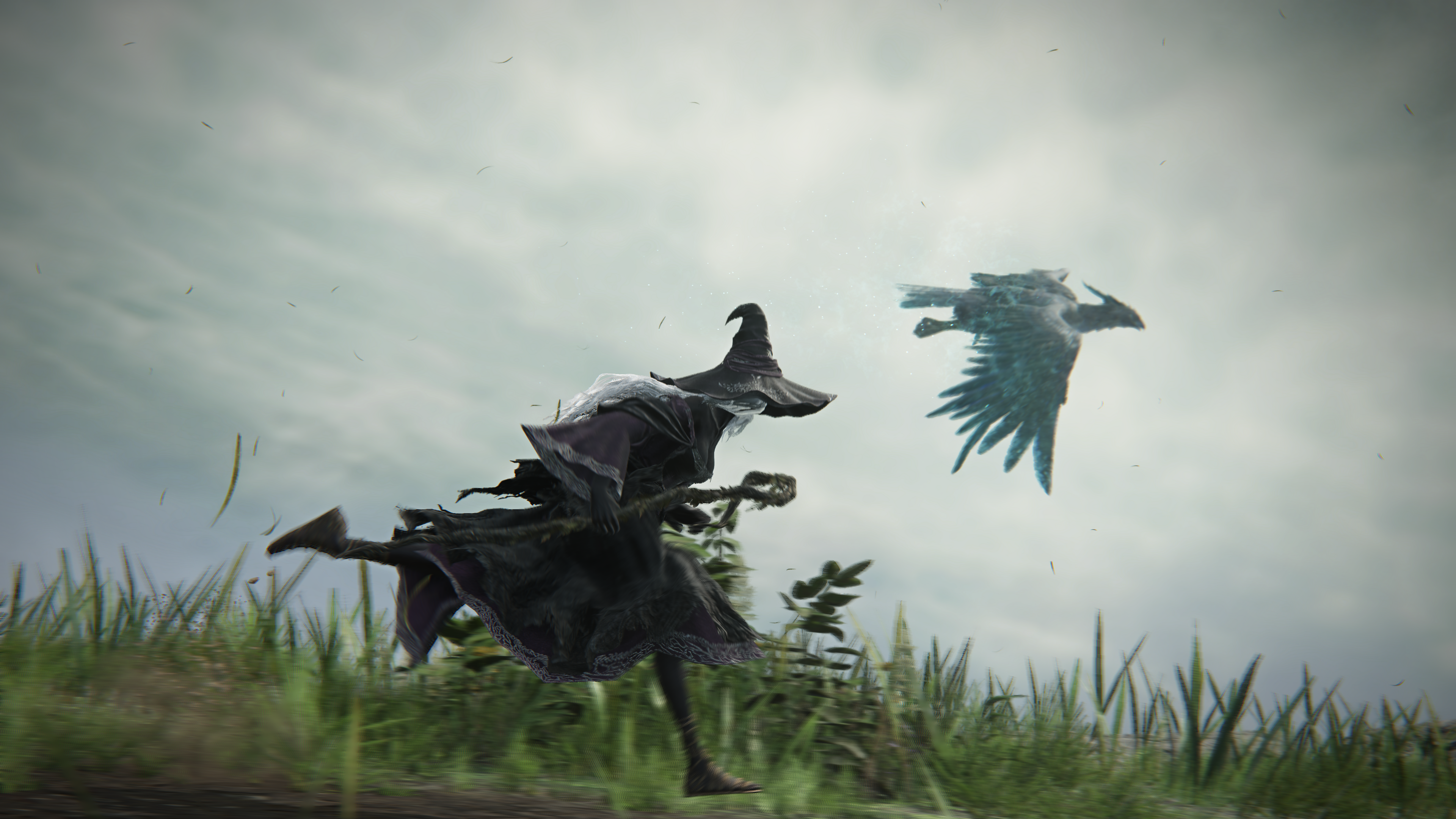 An Elden Ring Nightreign character sprinting across a field as a ghostly eagle flies above