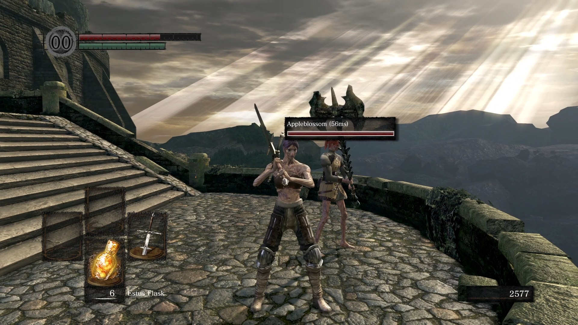 Two Dark Souls character standing on a cobblestone outcrop with the sun's rays shining down