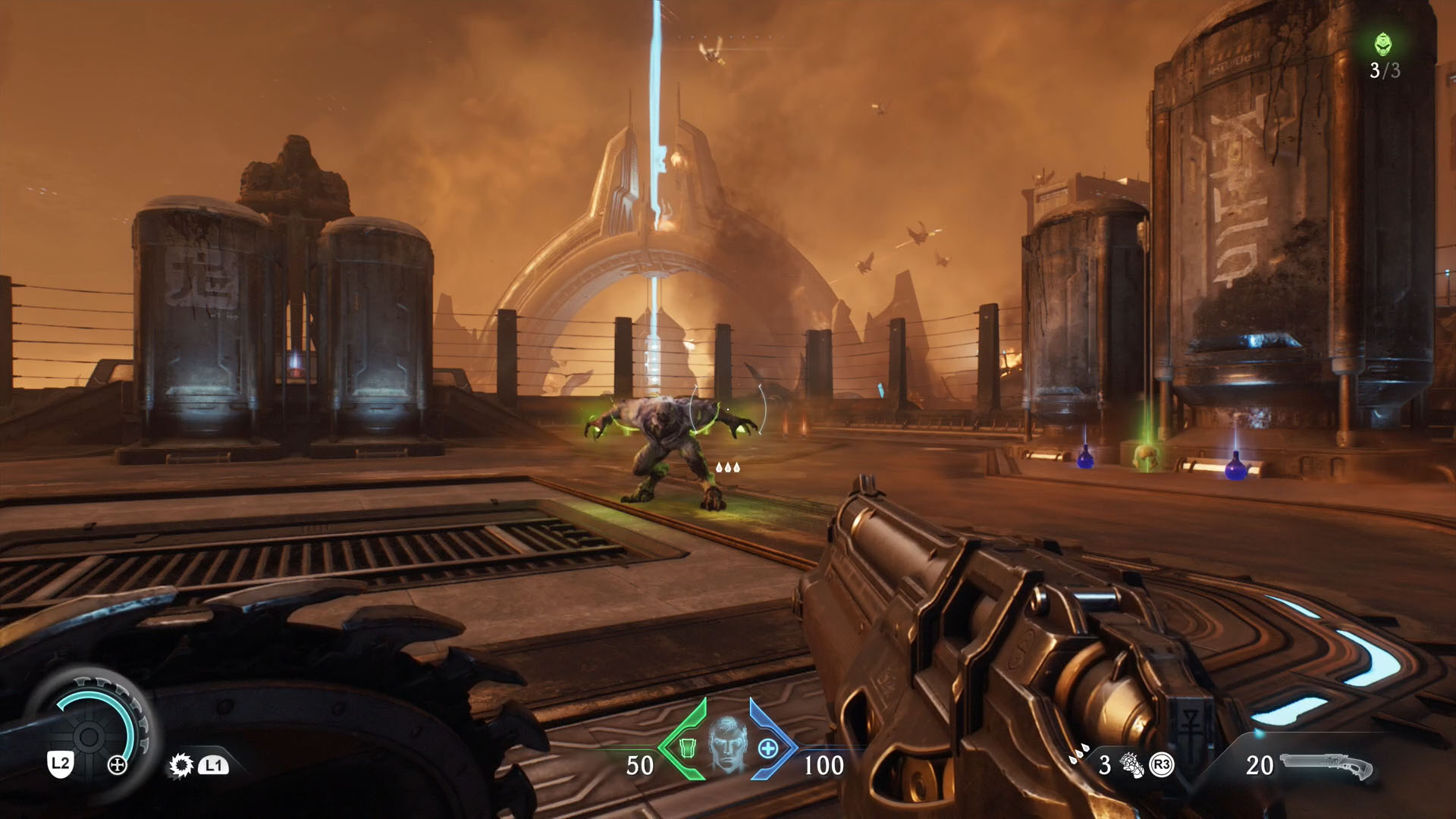 Doom The Dark Ages screenshot showing the Doom Slayer faing a demon who has green energy around their hands. Doom The Dark Ages screenshot showing the Doom Slayer faing a demon who has green energy around their hands.