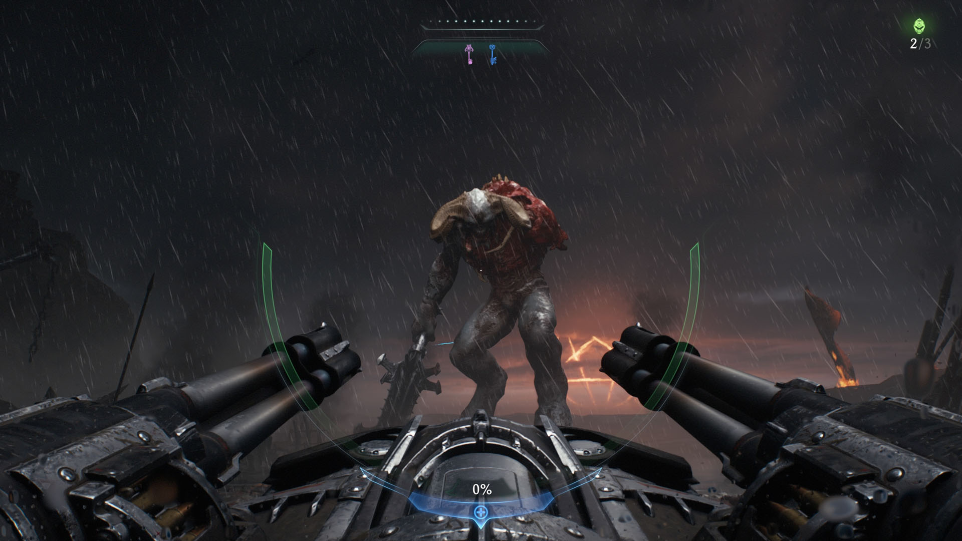 Doom The Dark Ages screenshot showing a large demon without their left arm and holding a giant mace with the right one. The perspective is from a kind of sentry gun we use to kill them. Doom The Dark Ages screenshot showing a large demon without their left arm and holding a giant mace with the right one. The perspective is from a kind of sentry gun we use to kill them.