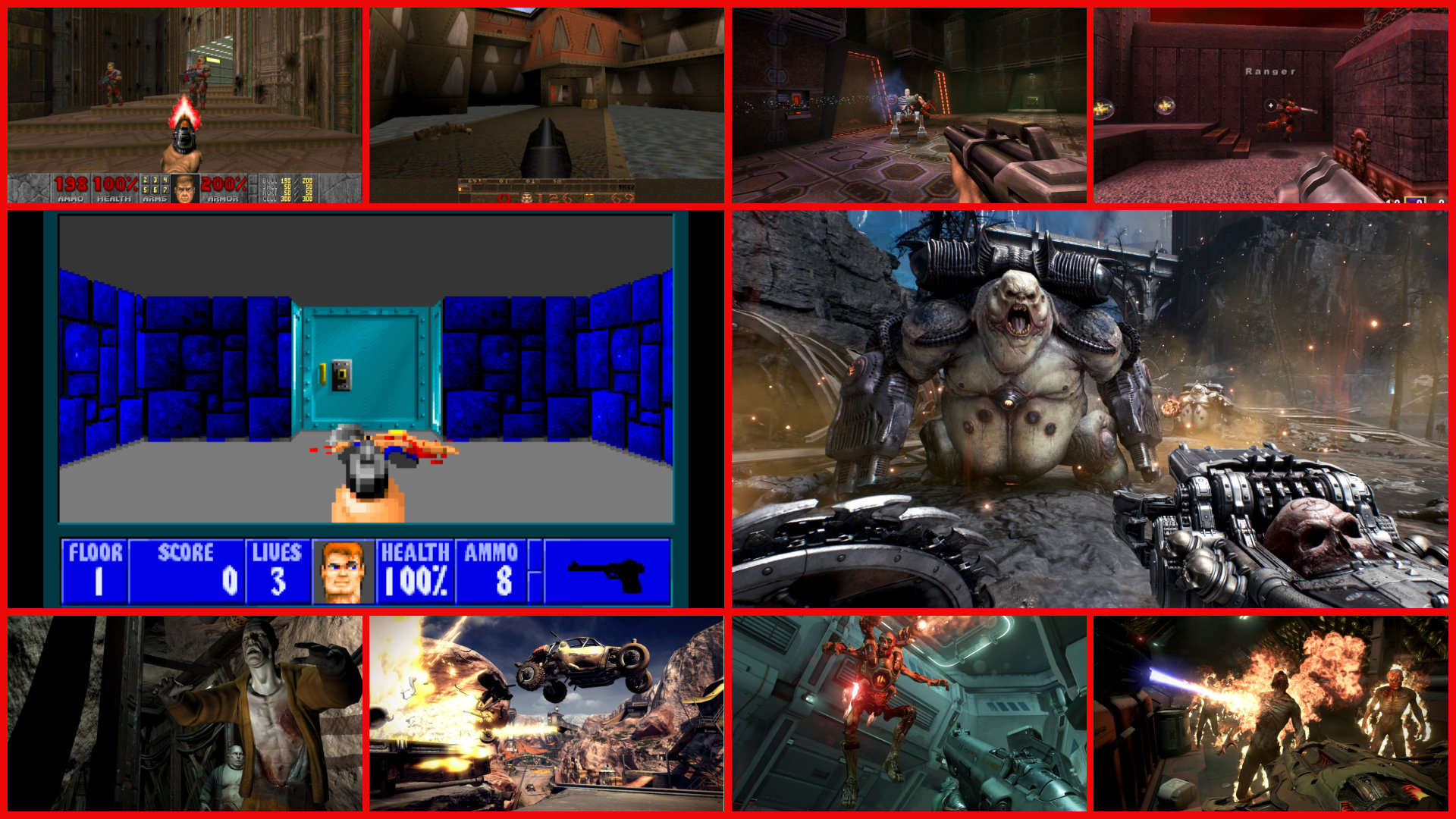 A collage of games by id Software, with each one being the first game to that generation of id Tech