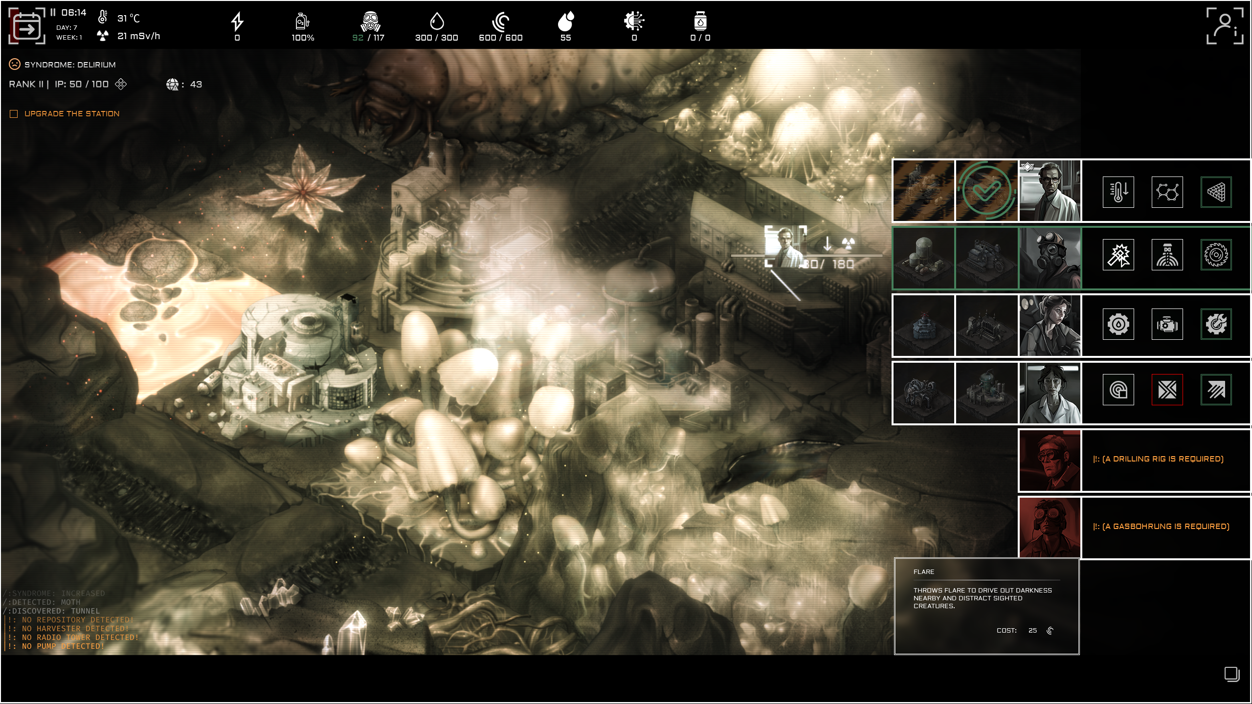 A screenshot of strategy game Anoxia Station, with a dark palette and Giger-esque art.