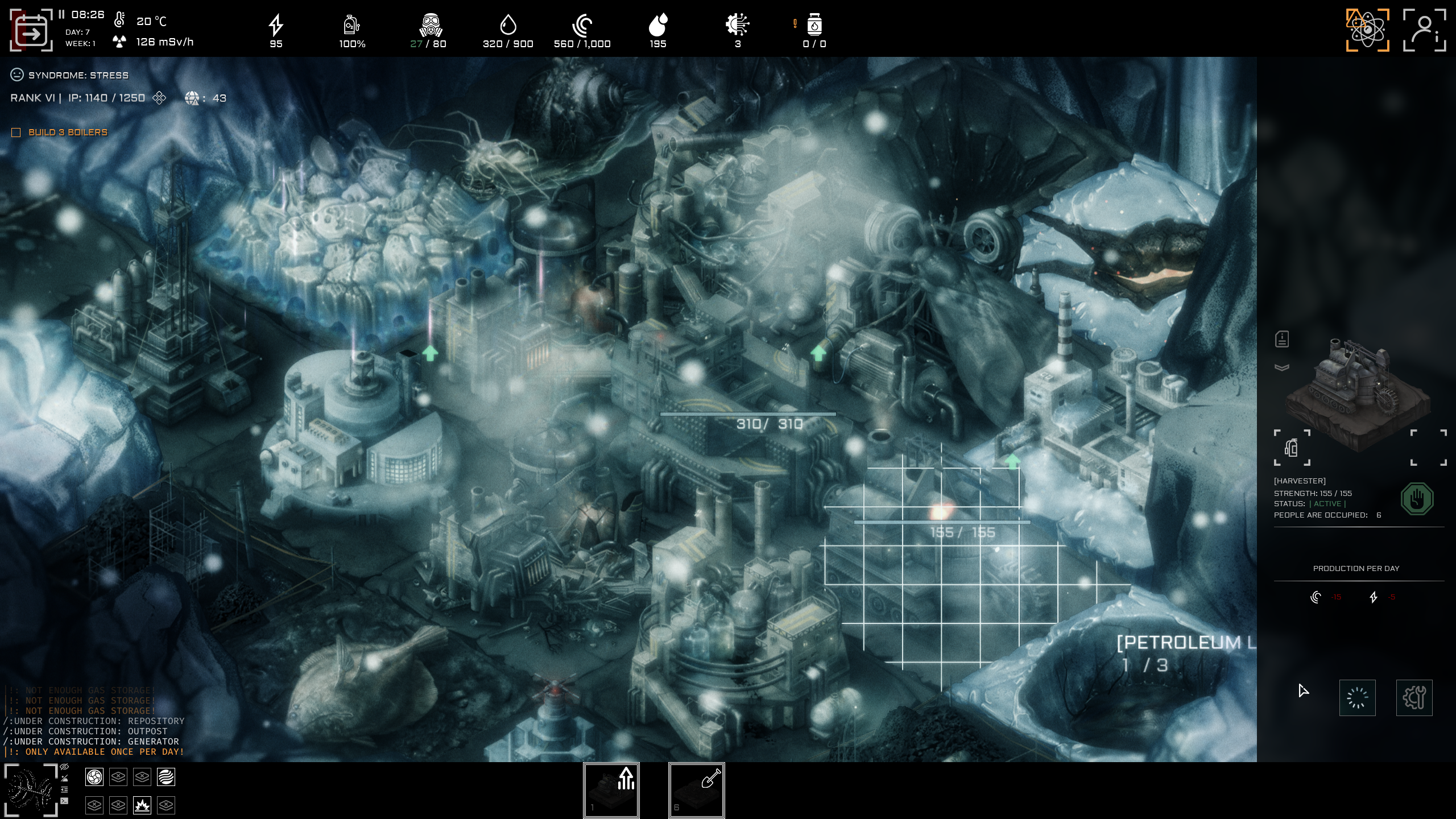 A screenshot of strategy game Anoxia Station, with a dark palette and Giger-esque art.