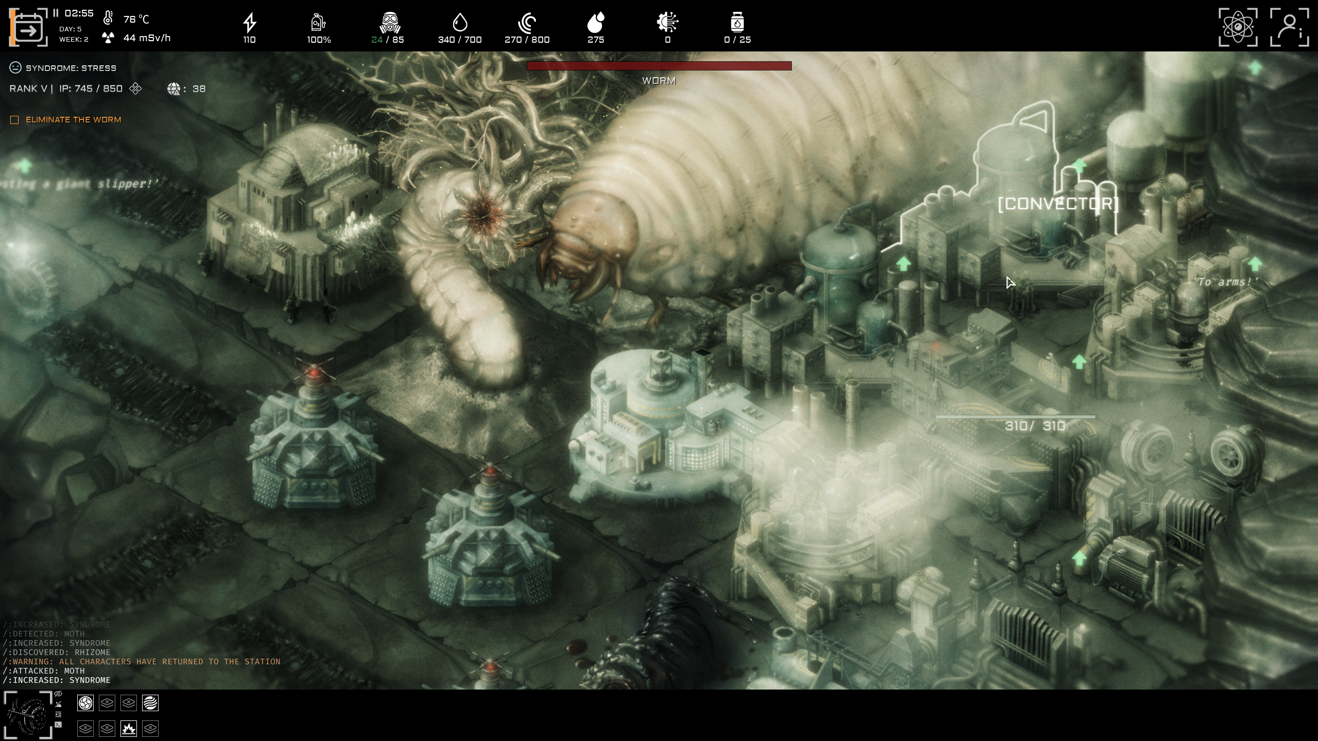 A screenshot of strategy game Anoxia Station, with a dark palette and Giger-esque art.