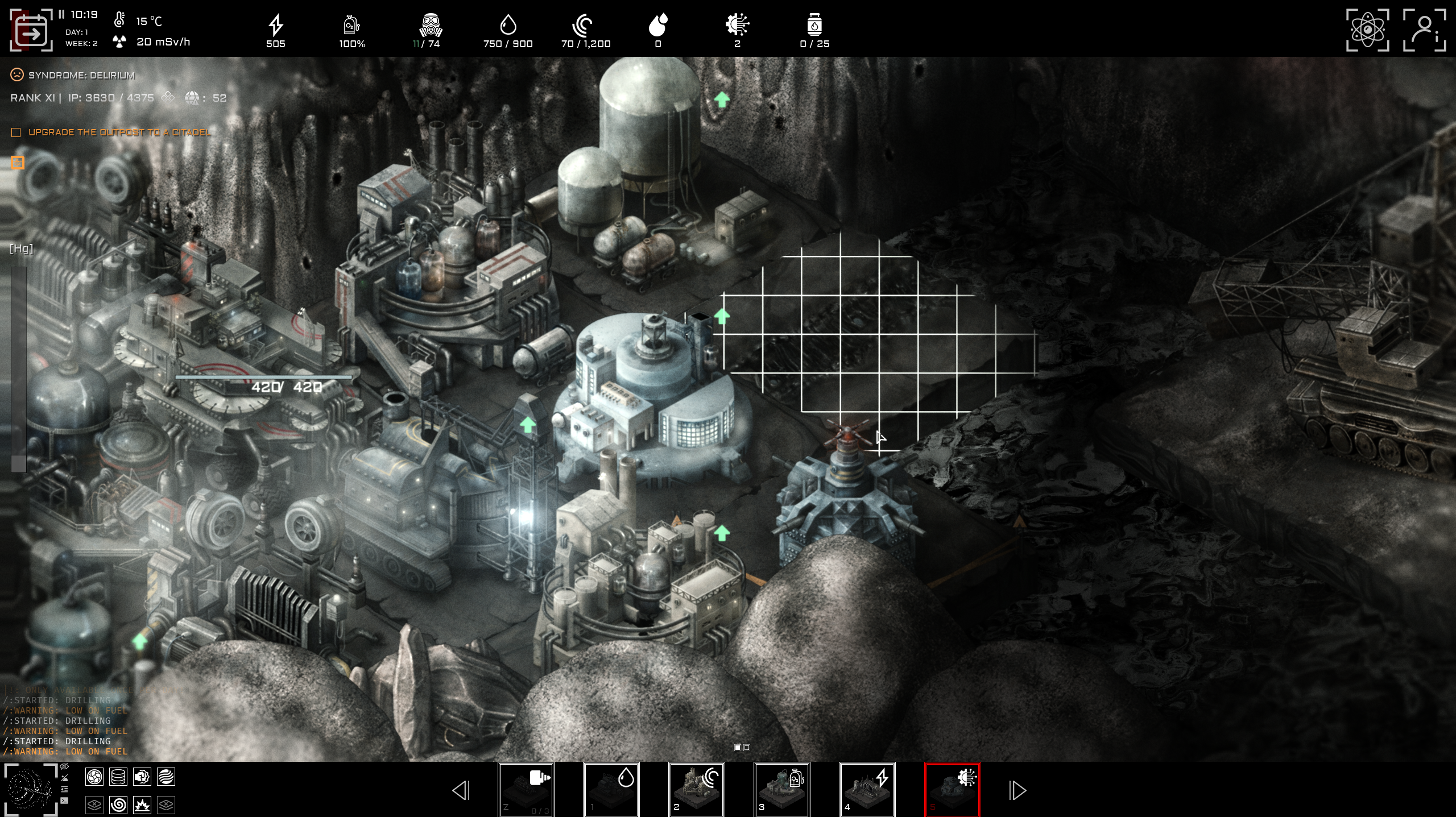 A screenshot of strategy game Anoxia Station, with a dark palette and Giger-esque art.