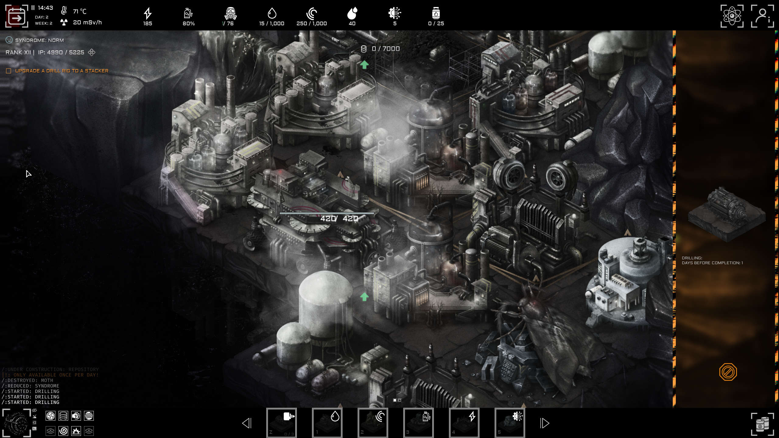 A screenshot of strategy game Anoxia Station, with a dark palette and Giger-esque art.