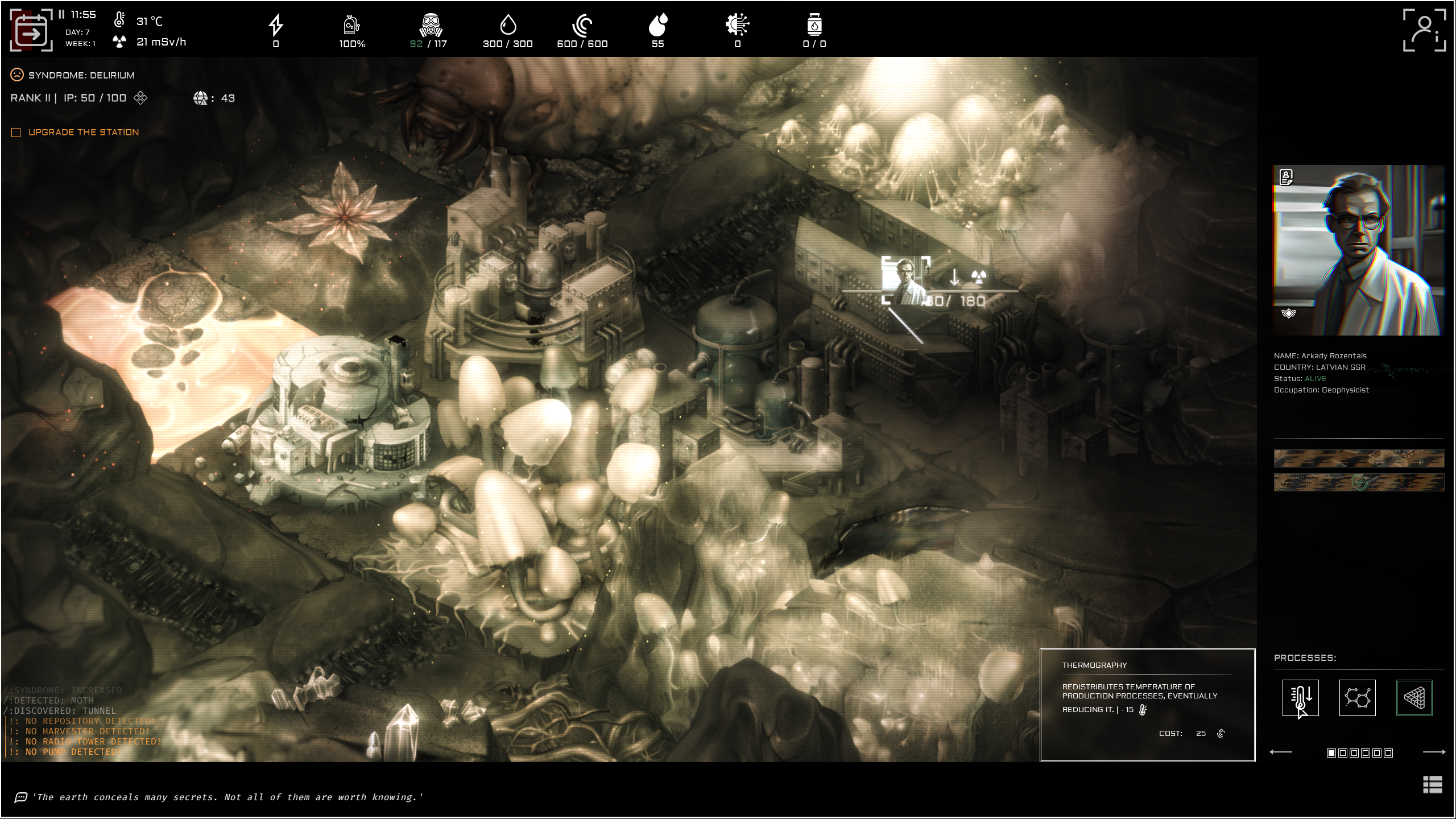 A screenshot of strategy game Anoxia Station, with a dark palette and Giger-esque art.