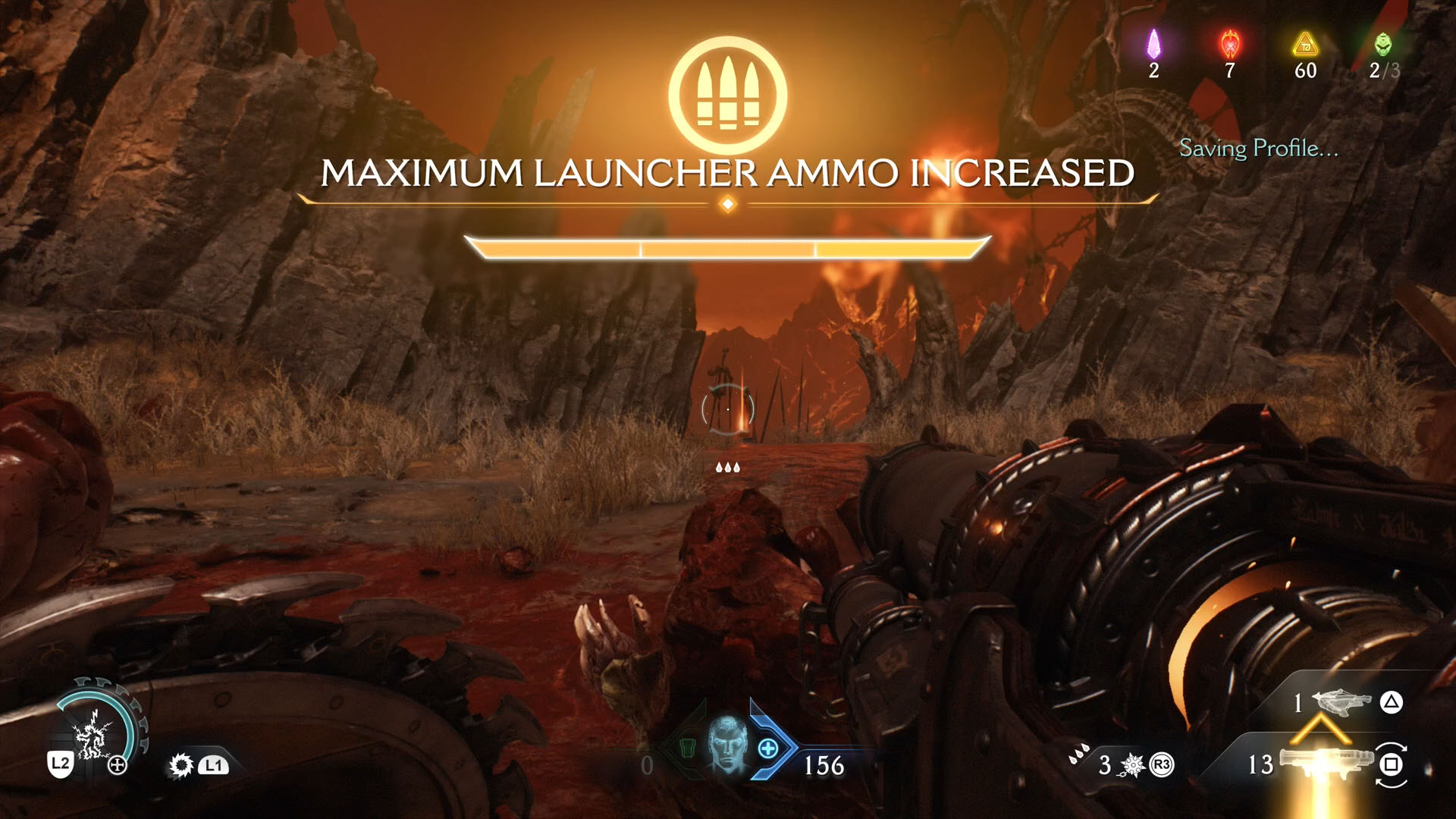 A Doom: The Dark Ages screenshot showing the HUD and a message saying “Maximum Launcher Ammo Increased” A Doom: The Dark Ages screenshot showing the HUD and a message saying “Maximum Launcher Ammo Increased”