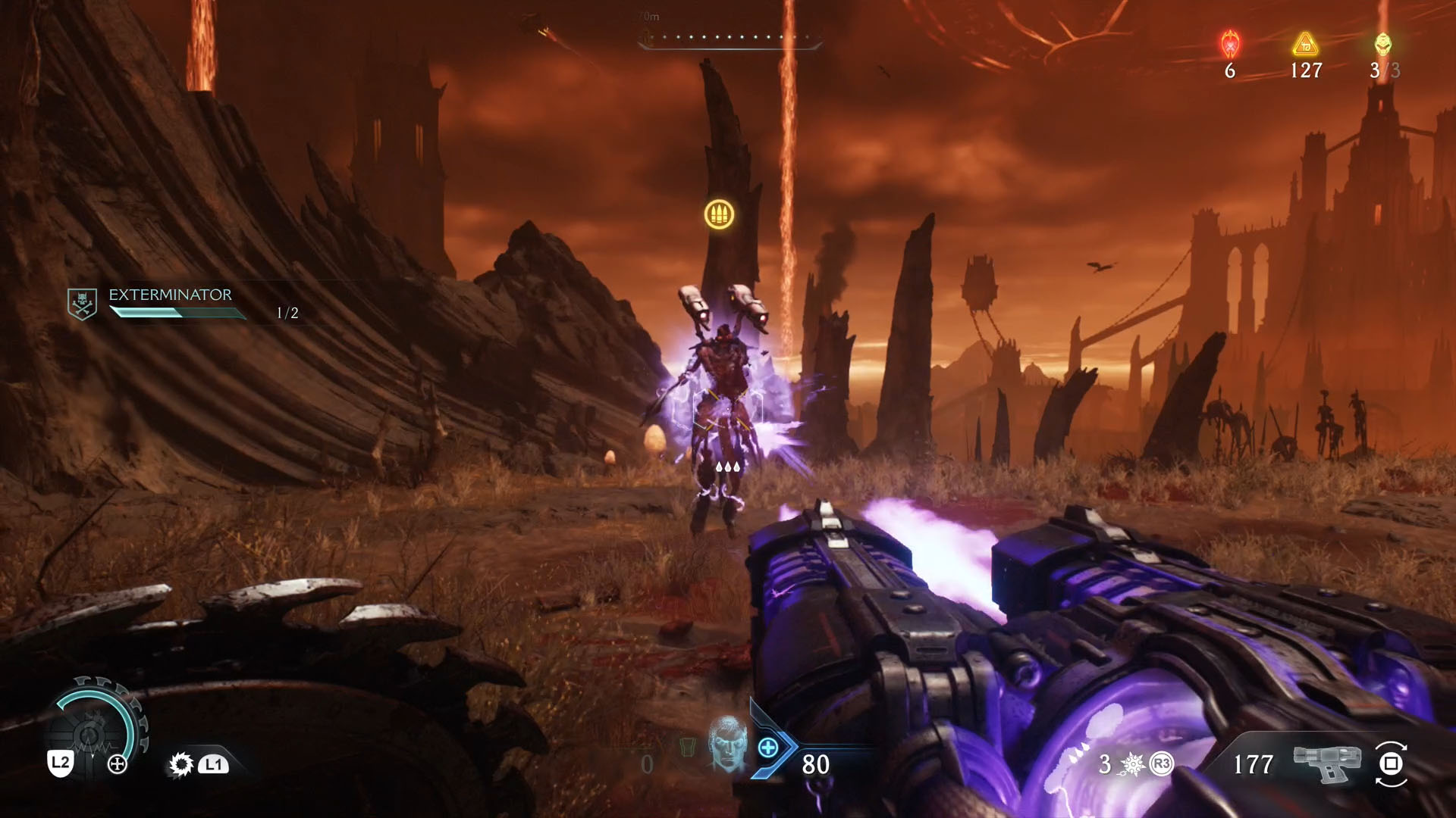 A Doom: The Dark Ages screenshot showing a Revenant, one of the demons found in the game. A Doom: The Dark Ages screenshot showing a Revenant, one of the demons found in the game.