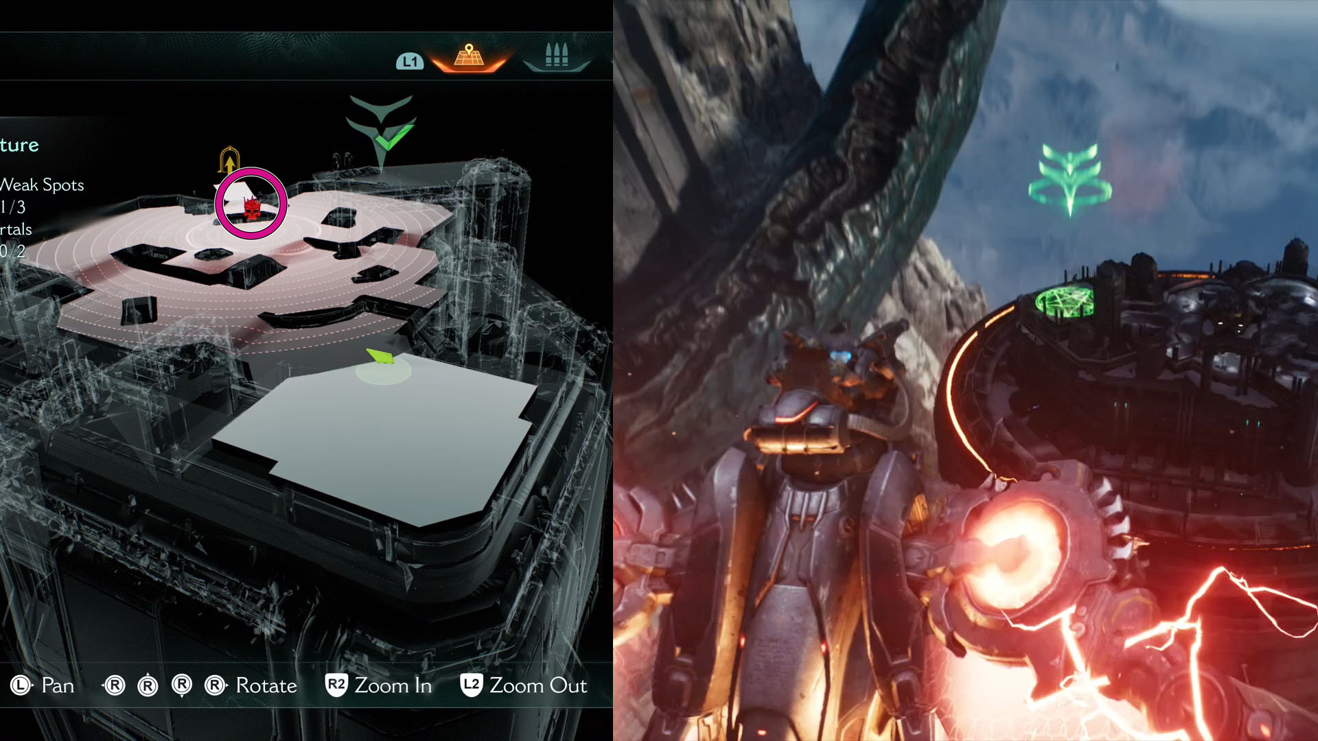 A montage with two screenshots from Doom: The Dark Ages. On the left side, you see part of Chapter’s 13 map showing where the leader of the map is. On the right side, a screenshot showing the landing spot. A montage with two screenshots from Doom: The Dark Ages. On the left side, you see part of Chapter’s 13 map showing where the leader of the map is. On the right side, a screenshot showing the landing spot.