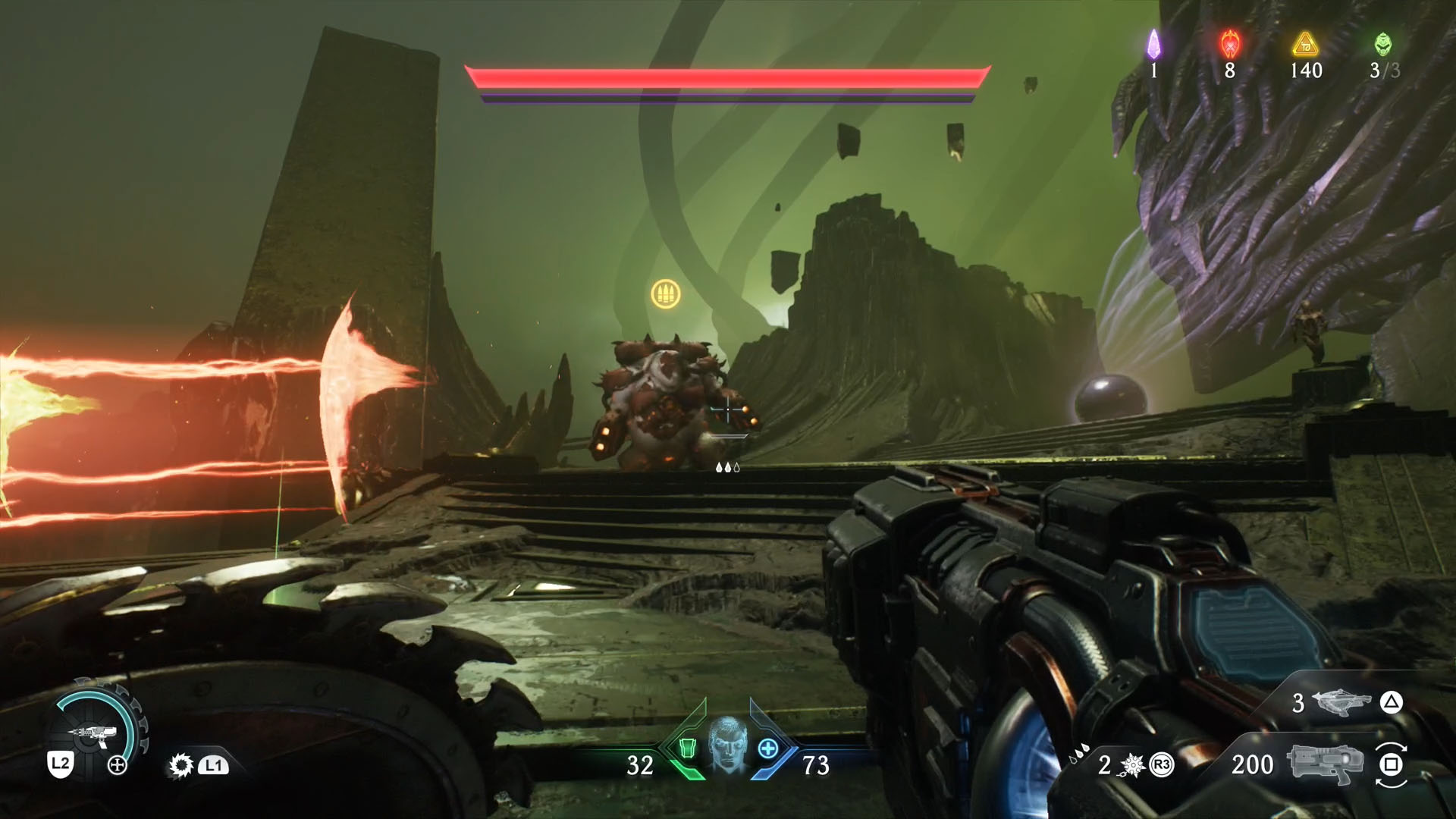 A Doom: The Dark Ages screenshot showing an armored Mancubus, the leader of Chapter 16. A Doom: The Dark Ages screenshot showing an armored Mancubus, the leader of Chapter 16.