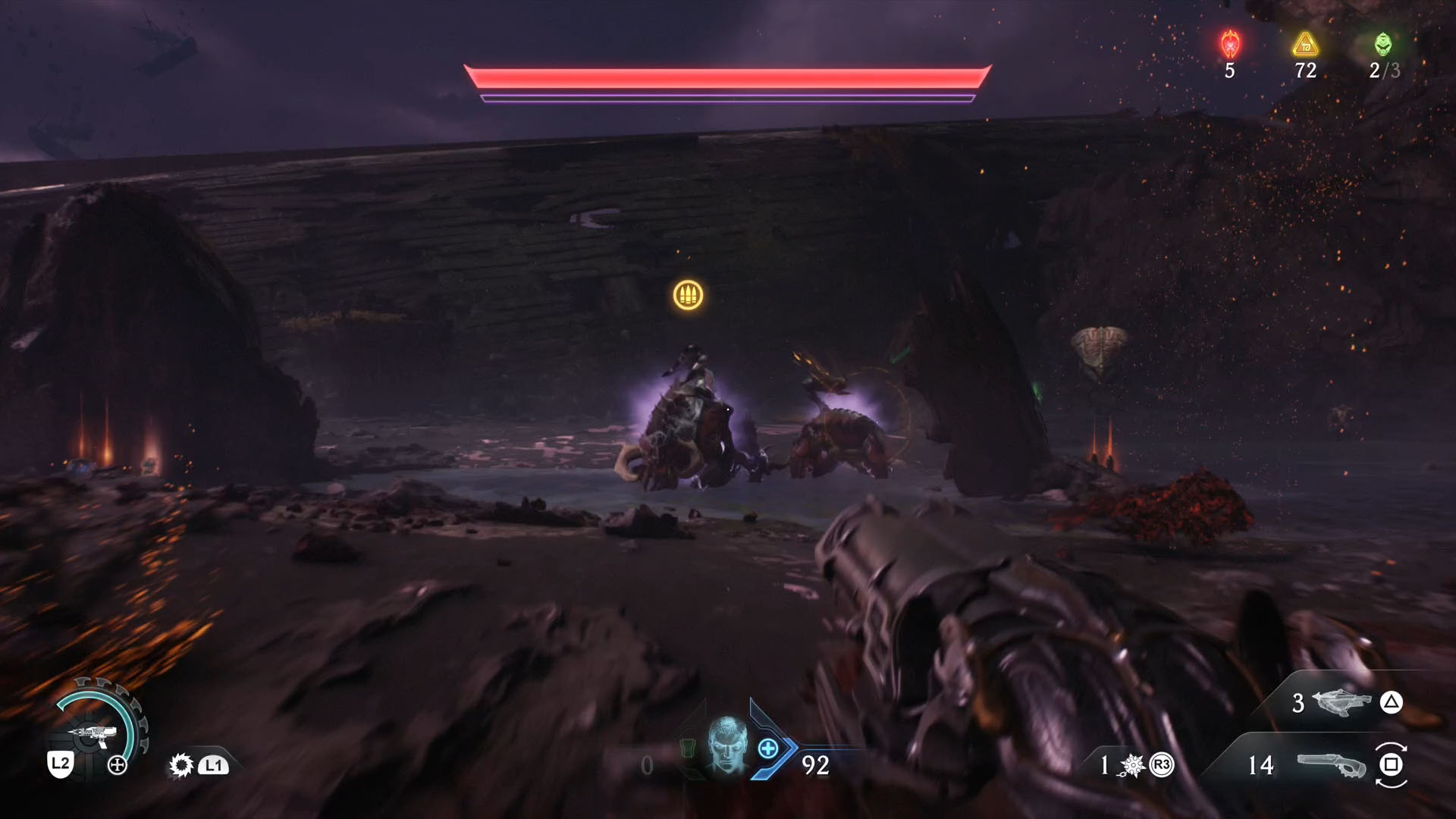 A Doom: The Dark Ages screenshot showing a Pinky Rider, a demon riding a hellspawn who is one of the leaders in Chapter 17. A Doom: The Dark Ages screenshot showing a Pinky Rider, a demon riding a hellspawn who is one of the leaders in Chapter 17.