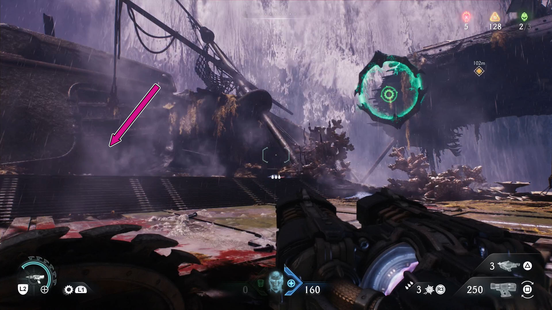 A Doom: The Dark Ages screenshot showing a green gate floating and a pink arrow poiting to the left side. A Doom: The Dark Ages screenshot showing a green gate floating and a pink arrow poiting to the left side.