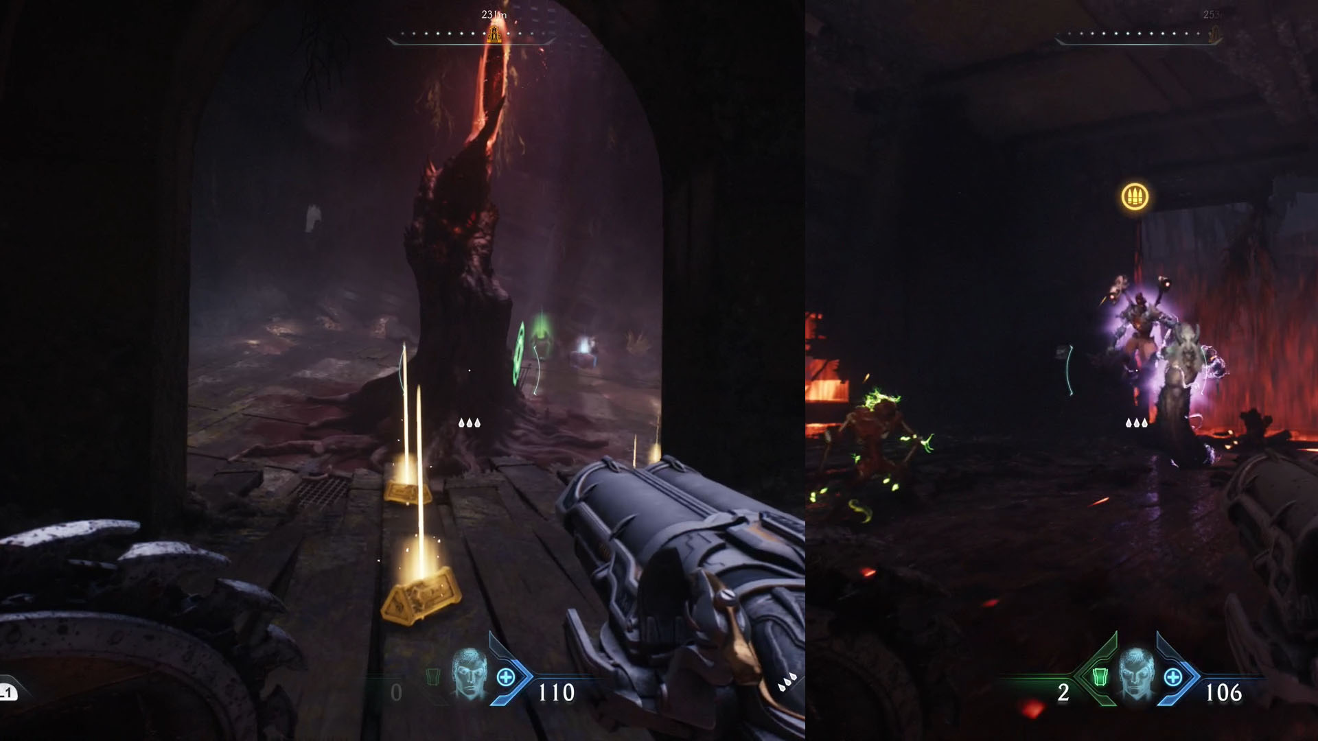 A montage with two screenshots from Doom: The Dark Ages. On the left side, a tree which players must destroy. On the right side, the leader of Chapter 17, a Revenant. A montage with two screenshots from Doom: The Dark Ages. On the left side, a tree which players must destroy. On the right side, the leader of Chapter 17, a Revenant.