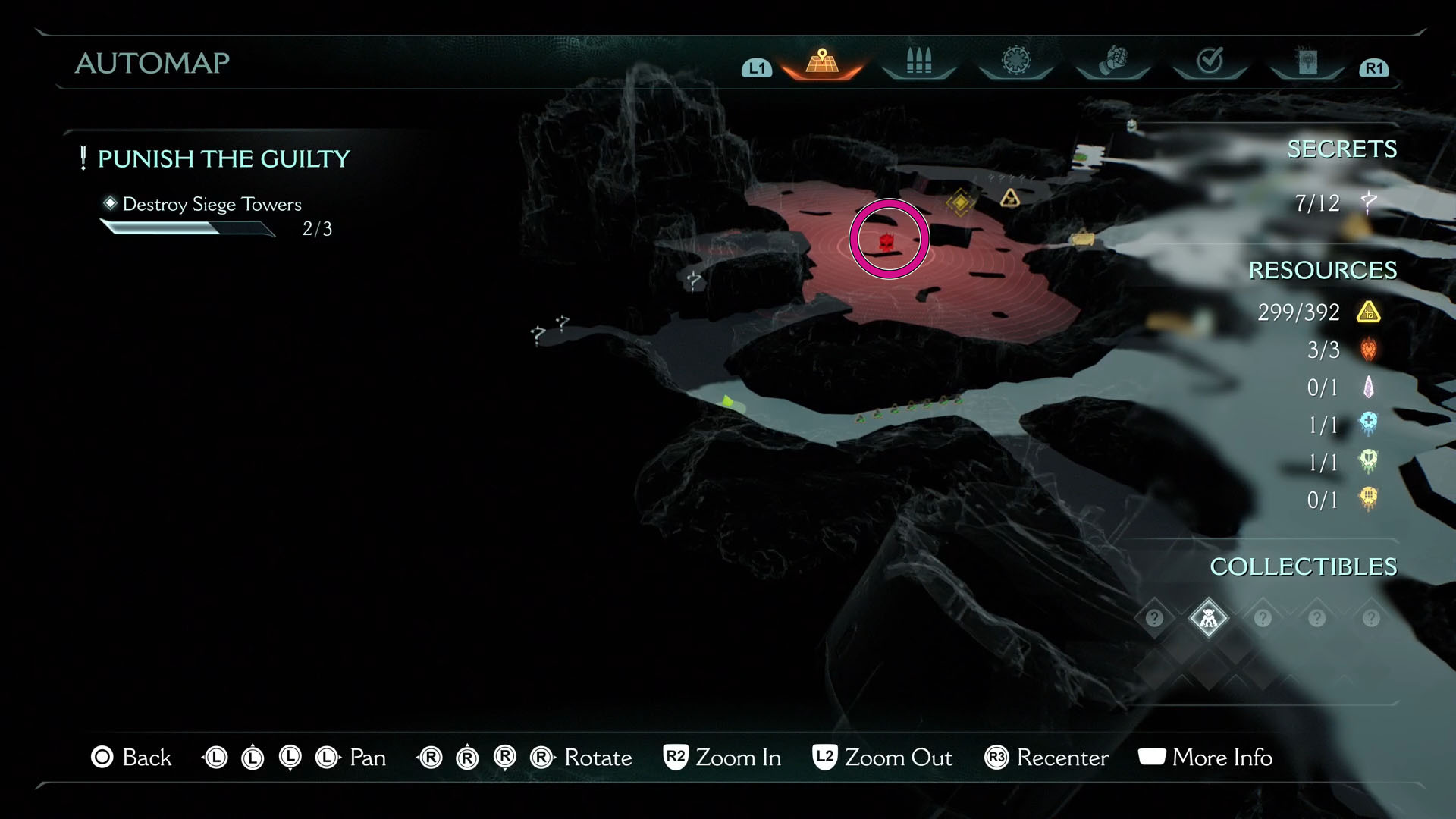 A Doom: The Dark Ages screenshot showing the map of Chapter 20 and where the leader is located. You can see a red zone in the middle of a gray map. A Doom: The Dark Ages screenshot showing the map of Chapter 20 and where the leader is located. You can see a red zone in the middle of a gray map.
