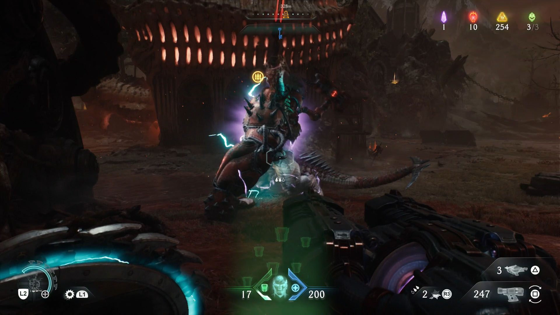 A Doom: The Dark Ages screenshot showing a Komodo raising their robotic arm. They are the leader of Chapter 20. A Doom: The Dark Ages screenshot showing a Komodo raising their robotic arm. They are the leader of Chapter 20.