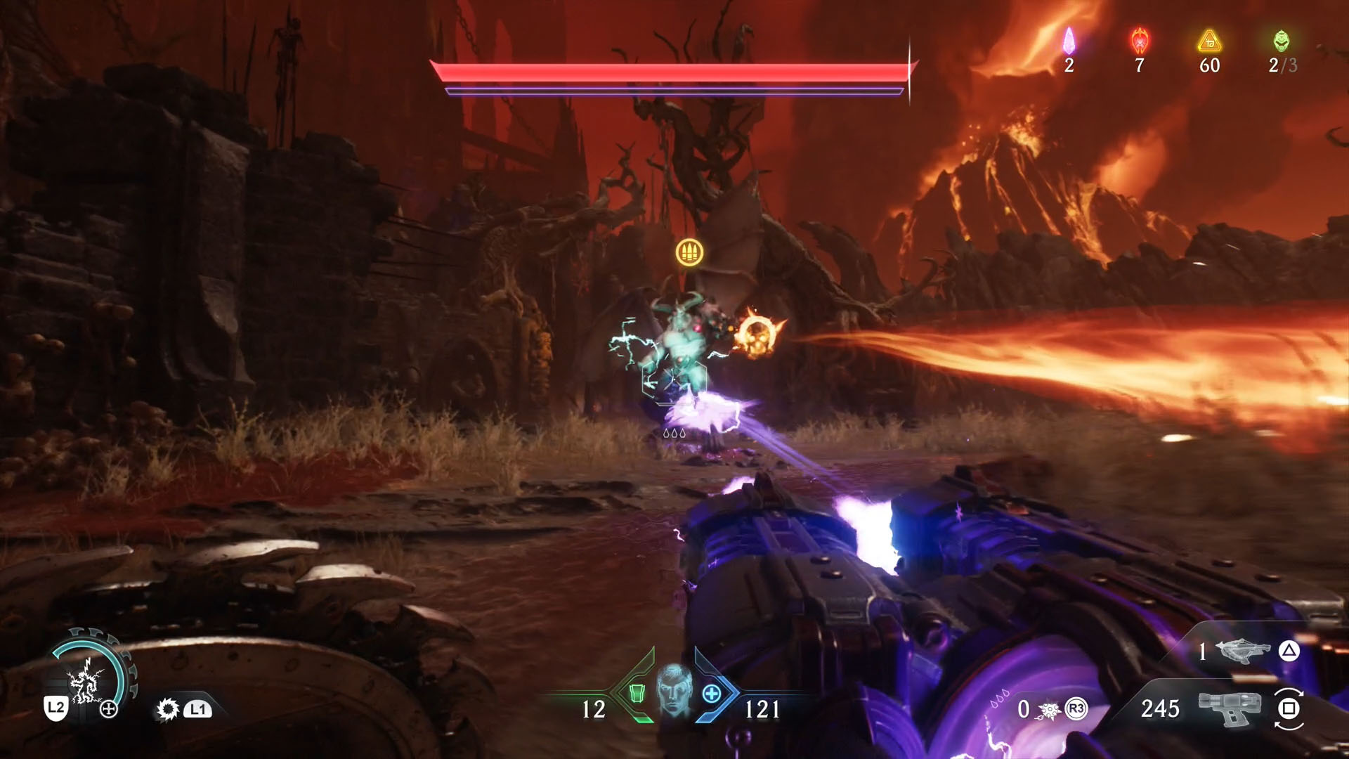 A Doom: The Dark Ages screenshot showing a Cyberdemon shooting skulls of fire. They are the leader of Chapter 22. A Doom: The Dark Ages screenshot showing a Cyberdemon shooting skulls of fire. They are the leader of Chapter 22.