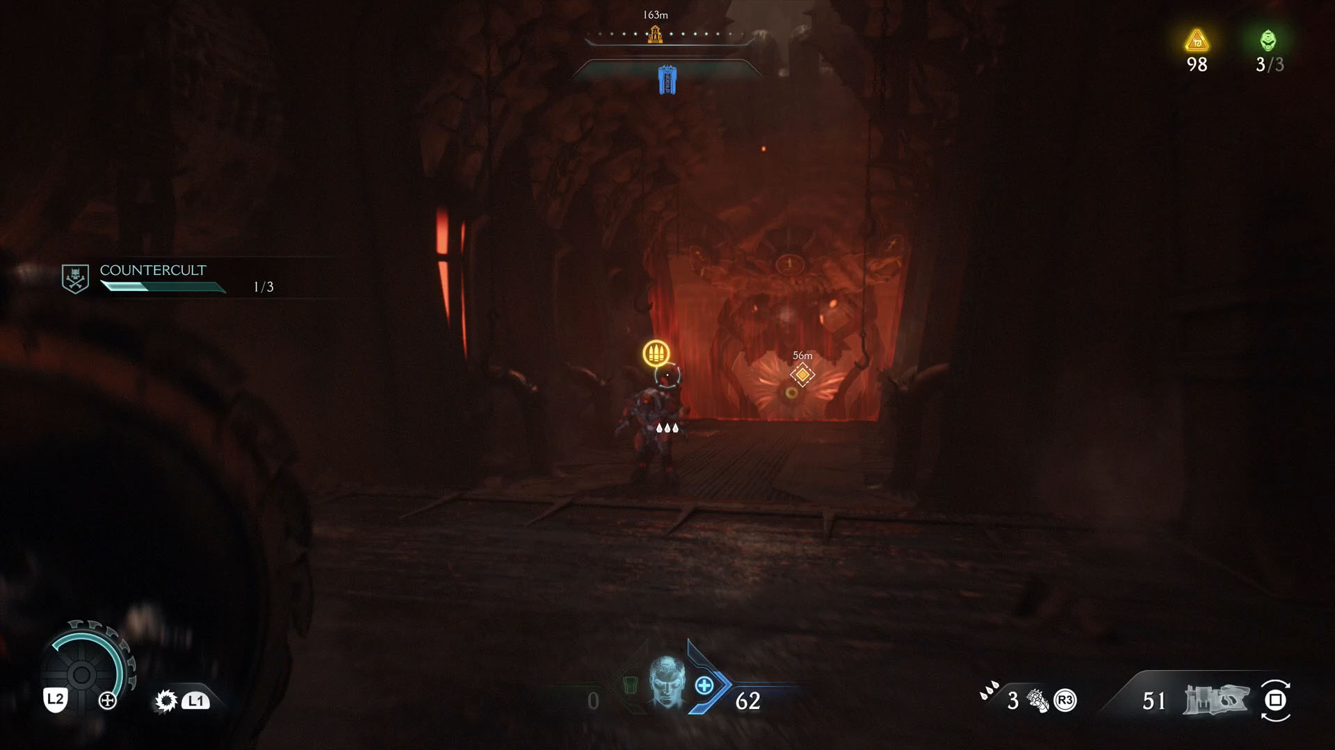 A Doom: The Dark Ages screenshot showing the armored Hell Knight, the leader of Chapter 5. A Doom: The Dark Ages screenshot showing the armored Hell Knight, the leader of Chapter 5.