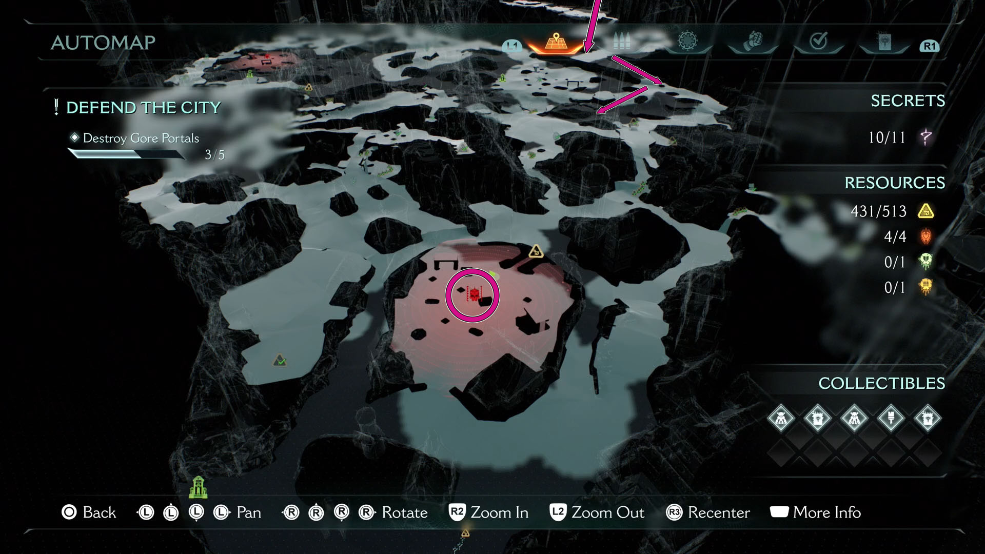 A Doom: The Dark Ages screenshot of Chapter6’s map showing the location of the leader you must face to acquire an Ammo upgrade. A Doom: The Dark Ages screenshot of Chapter6’s map showing the location of the leader you must face to acquire an Ammo upgrade.