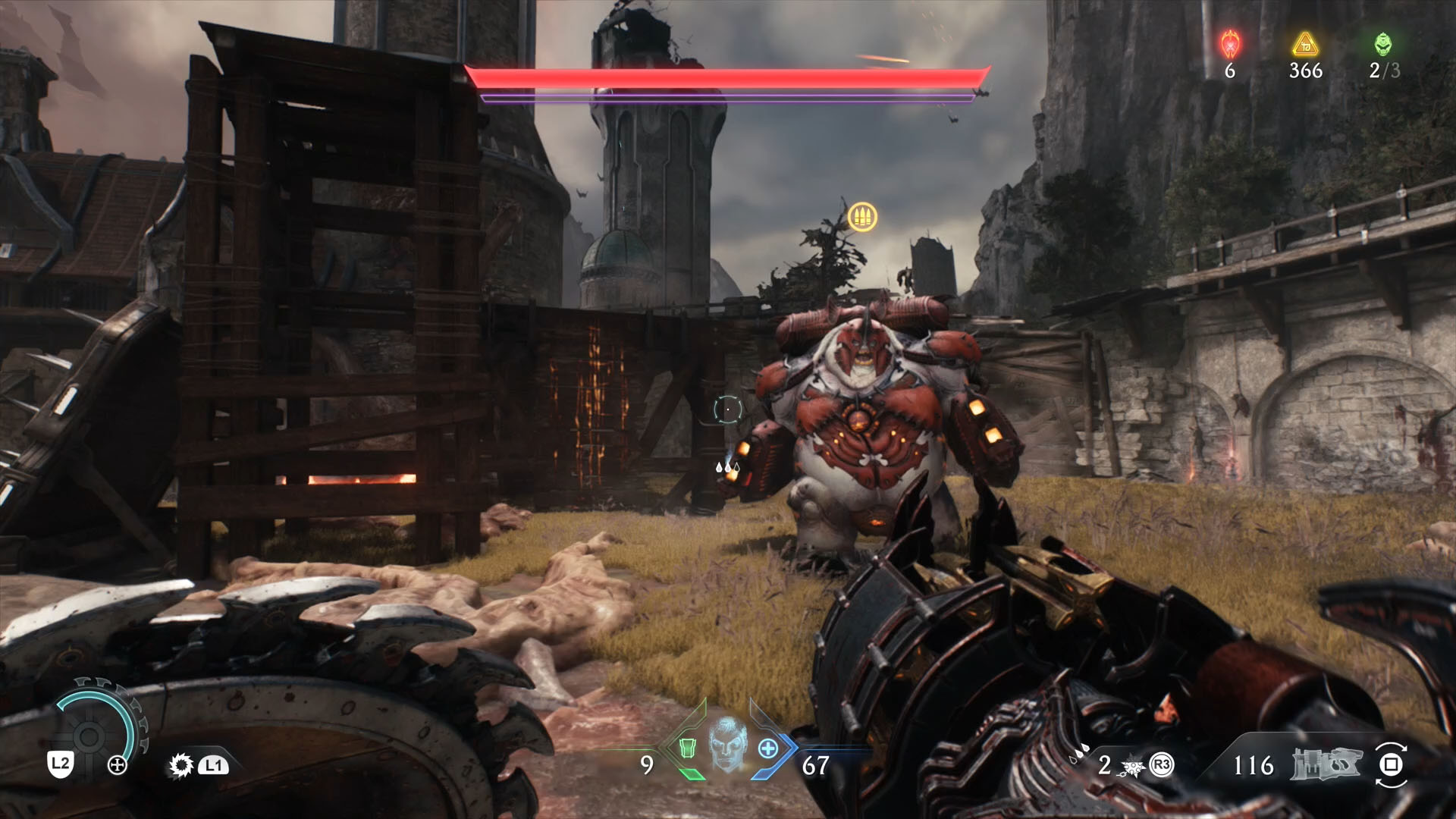 A Doom: The Dark Ages screenshot showing an armored Mancubus, the leader of the Cpater 6. A Doom: The Dark Ages screenshot showing an armored Mancubus, the leader of the Cpater 6.